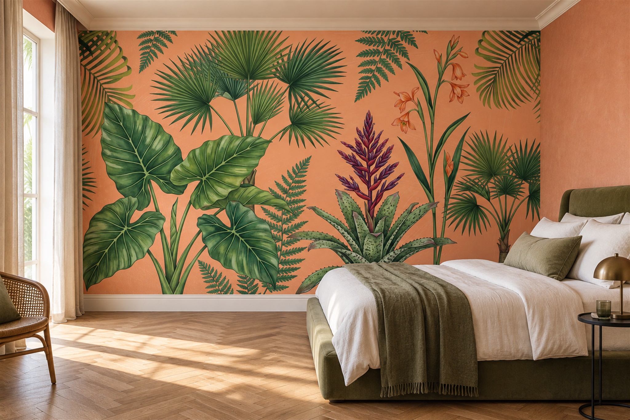 Coral Tropical Artful Wallpaper Mural Accent-wall-wallpaper-murals, Peel-and-stick Finish