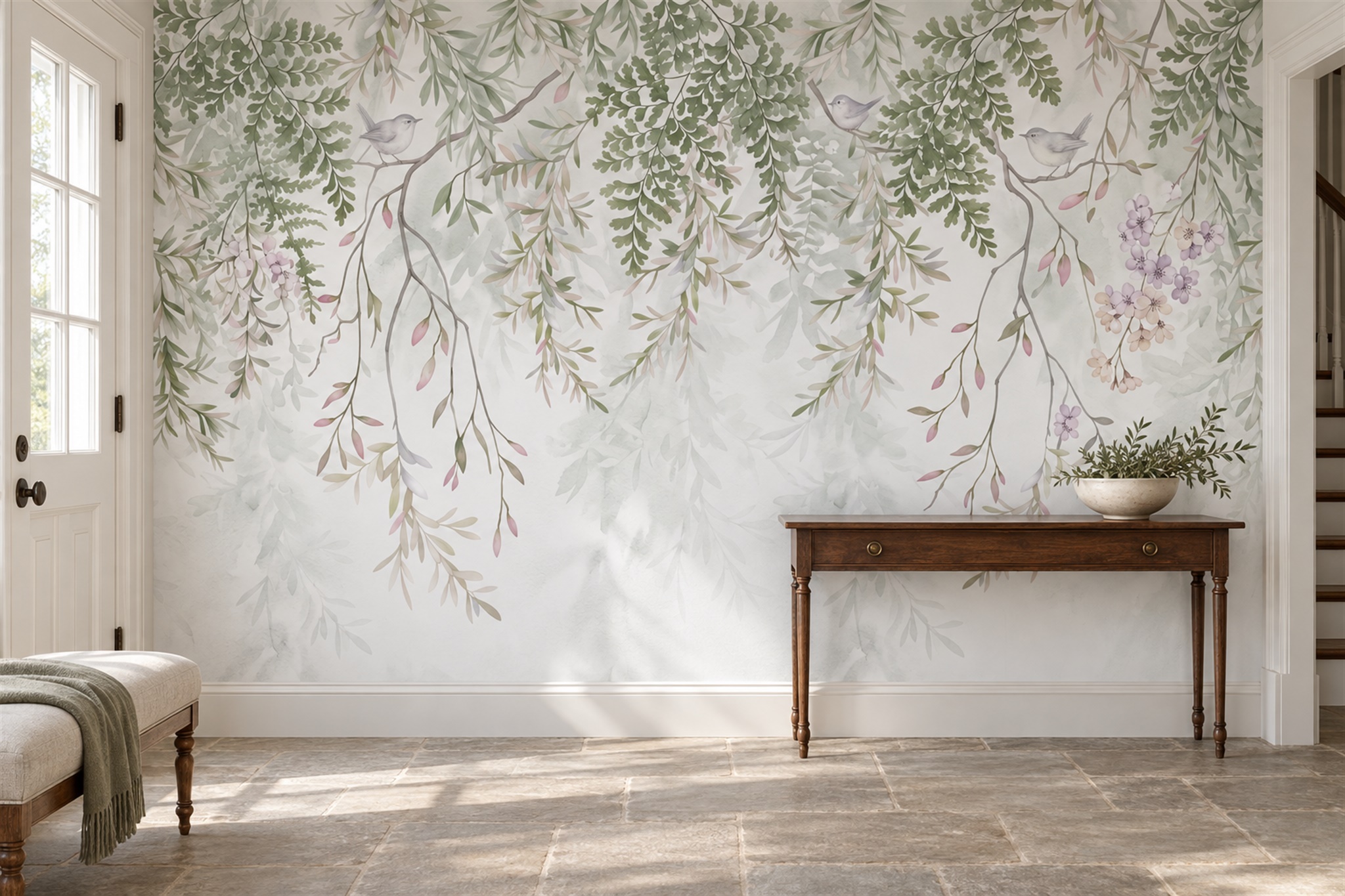Sage Vine Botanical Layered Wallpaper Mural Entryway-wallpaper-murals, Peel-and-stick Finish