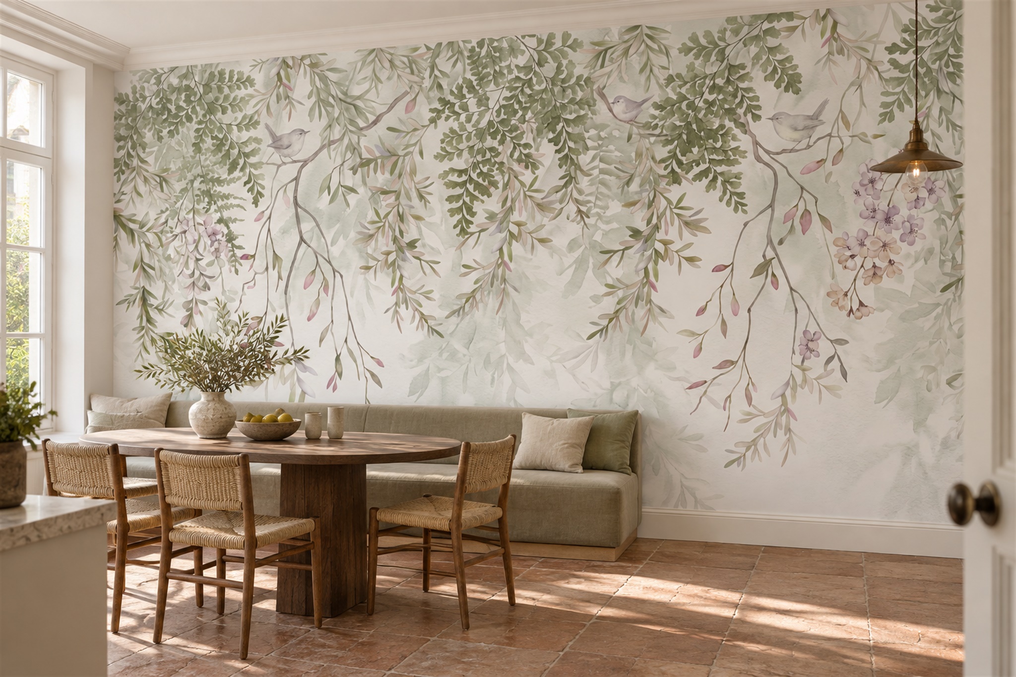 Sage Vine Botanical Layered Wallpaper Mural Dining-room-wallpaper-murals, Shown In A Dining Room, Peel-and-stick Finish