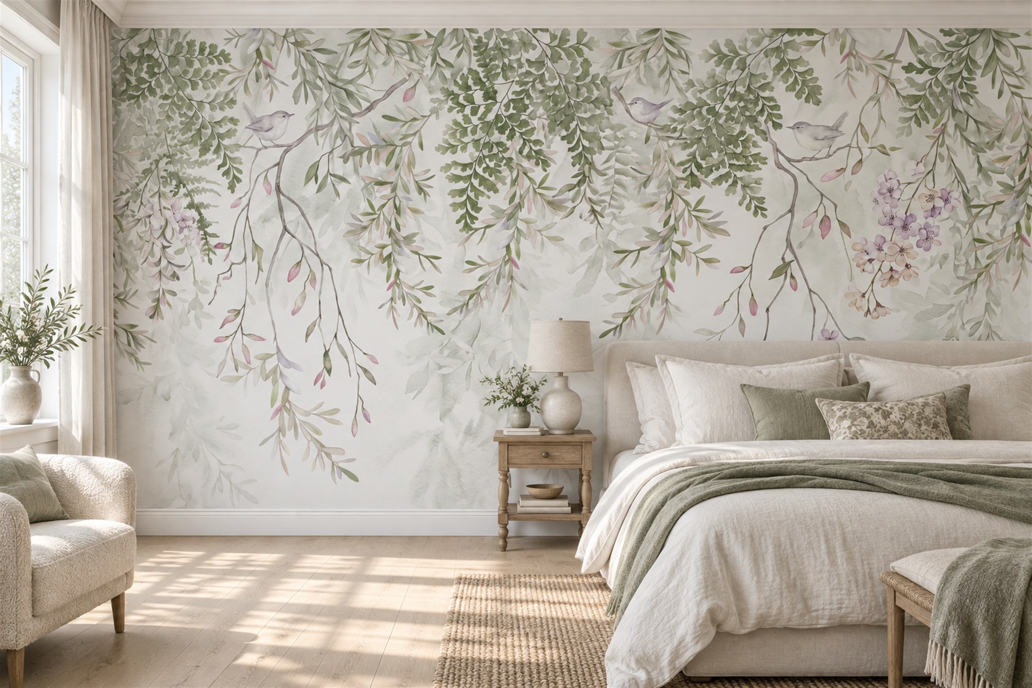 Sage Vines And Songbirds Watercolour Wallpaper Mural — Installed Wallpaper Mural In A Bedroom, Peel-and-stick Finish
