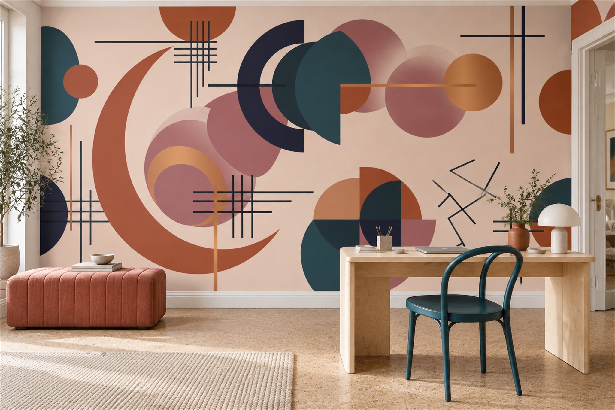 Peach And Navy Mid-century Geometric Wallpaper Mural — Wallpaper Mural Design, Peel-and-stick Finish