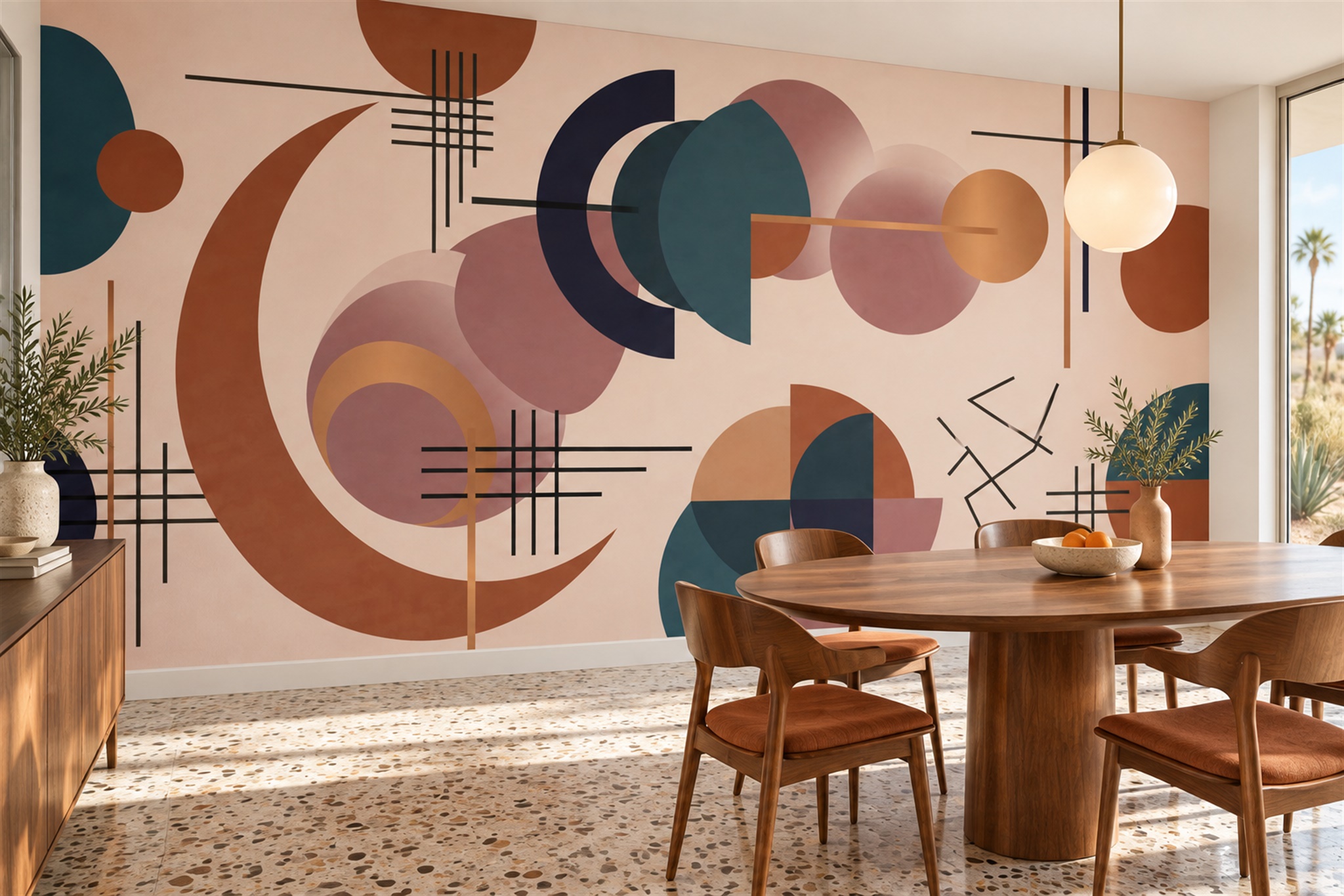 Peach Geometric Abstract Wallpaper Mural Dining-room-wallpaper-murals, Shown In A Dining Room, Peel-and-stick Finish