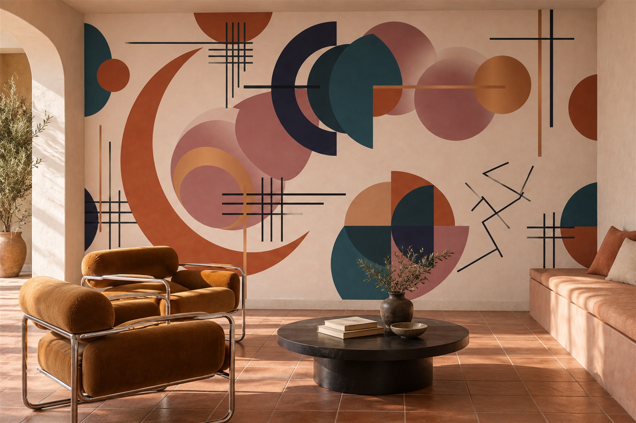 Peach Geometric Abstract Wallpaper Mural Accent-wall-wallpaper-murals, Peel-and-stick Finish