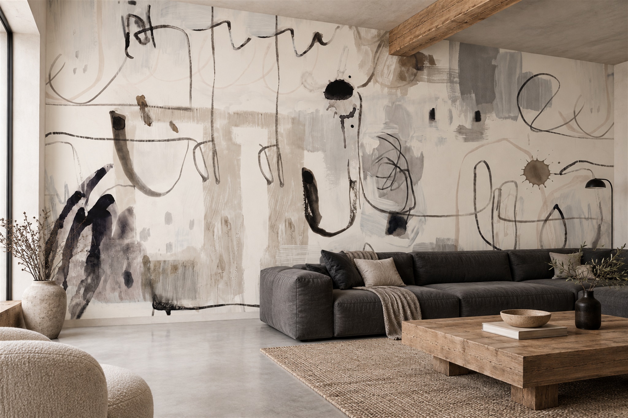 Grey And Black Gestural Linework Abstract Wallpaper Mural — Wallpaper Mural Design, Peel-and-stick Finish