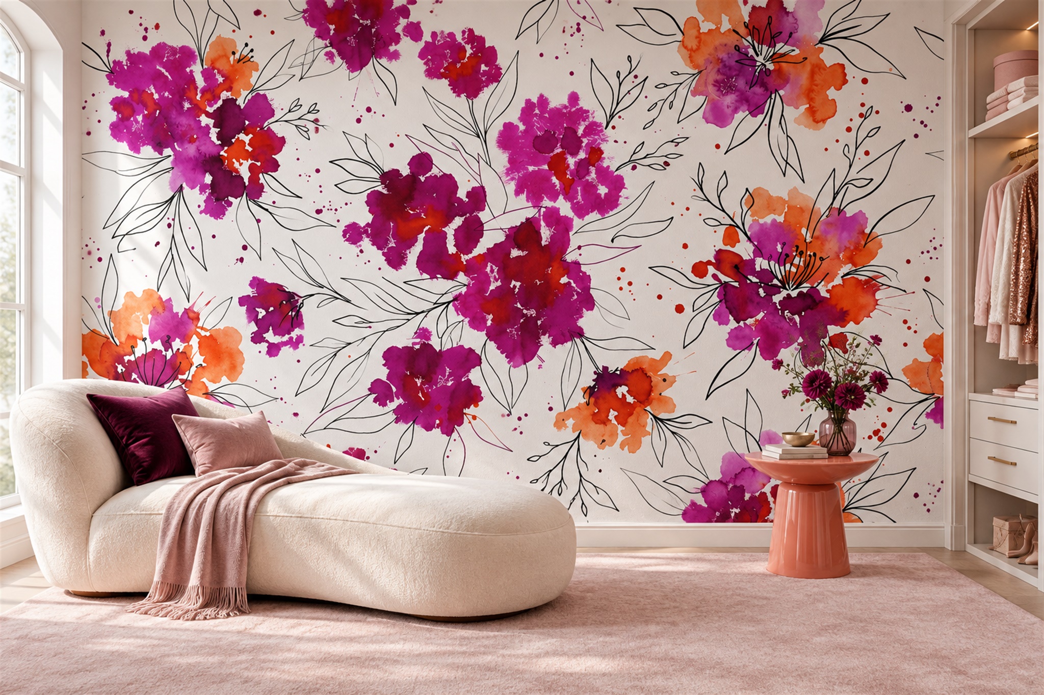 Magenta And Coral Graphic Flower Wallpaper Mural — Wallpaper Mural Design, Peel-and-stick Finish