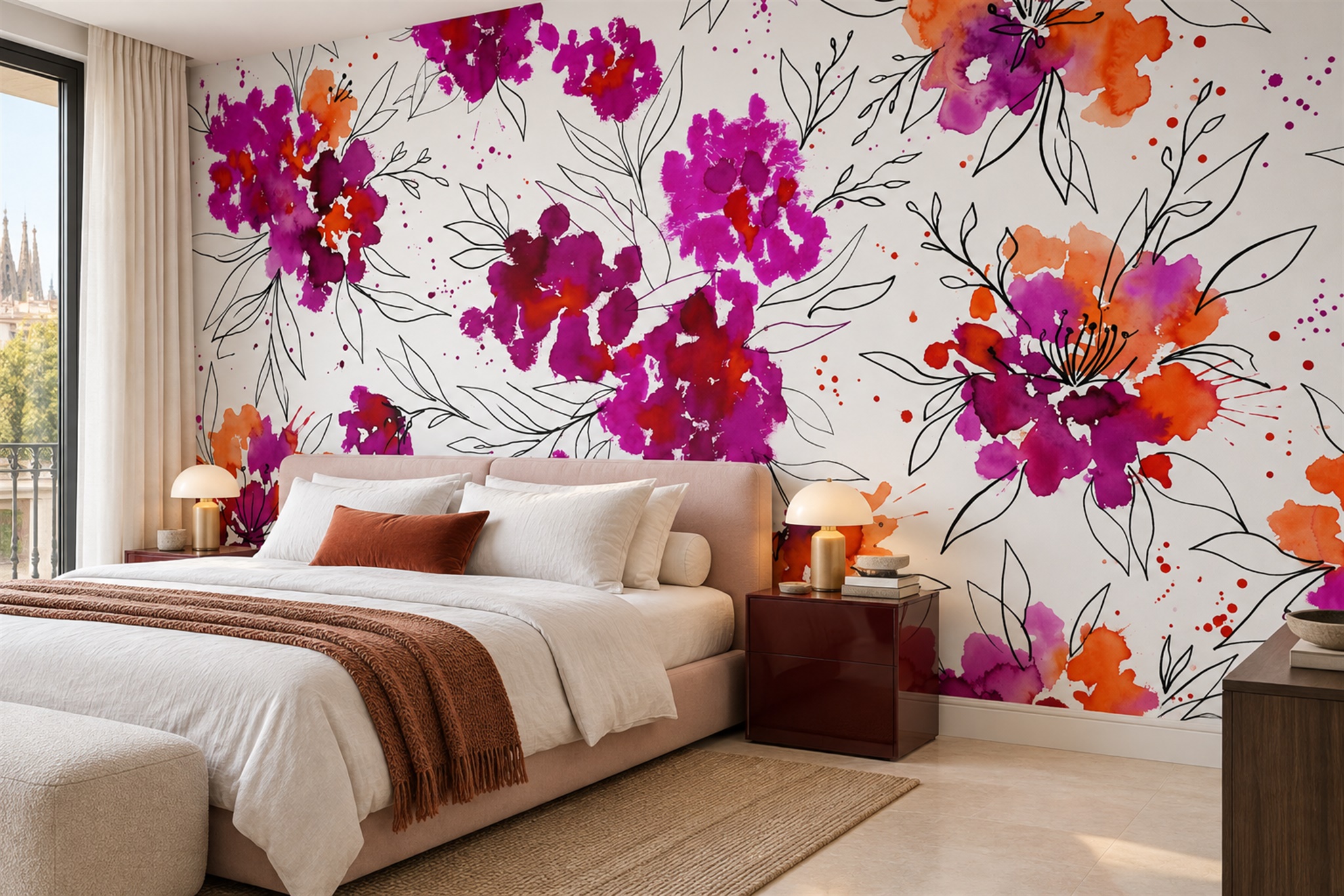Pink Vintage Artful Layered Wallpaper Mural Bedroom-wallpaper-murals, Peel-and-stick Finish