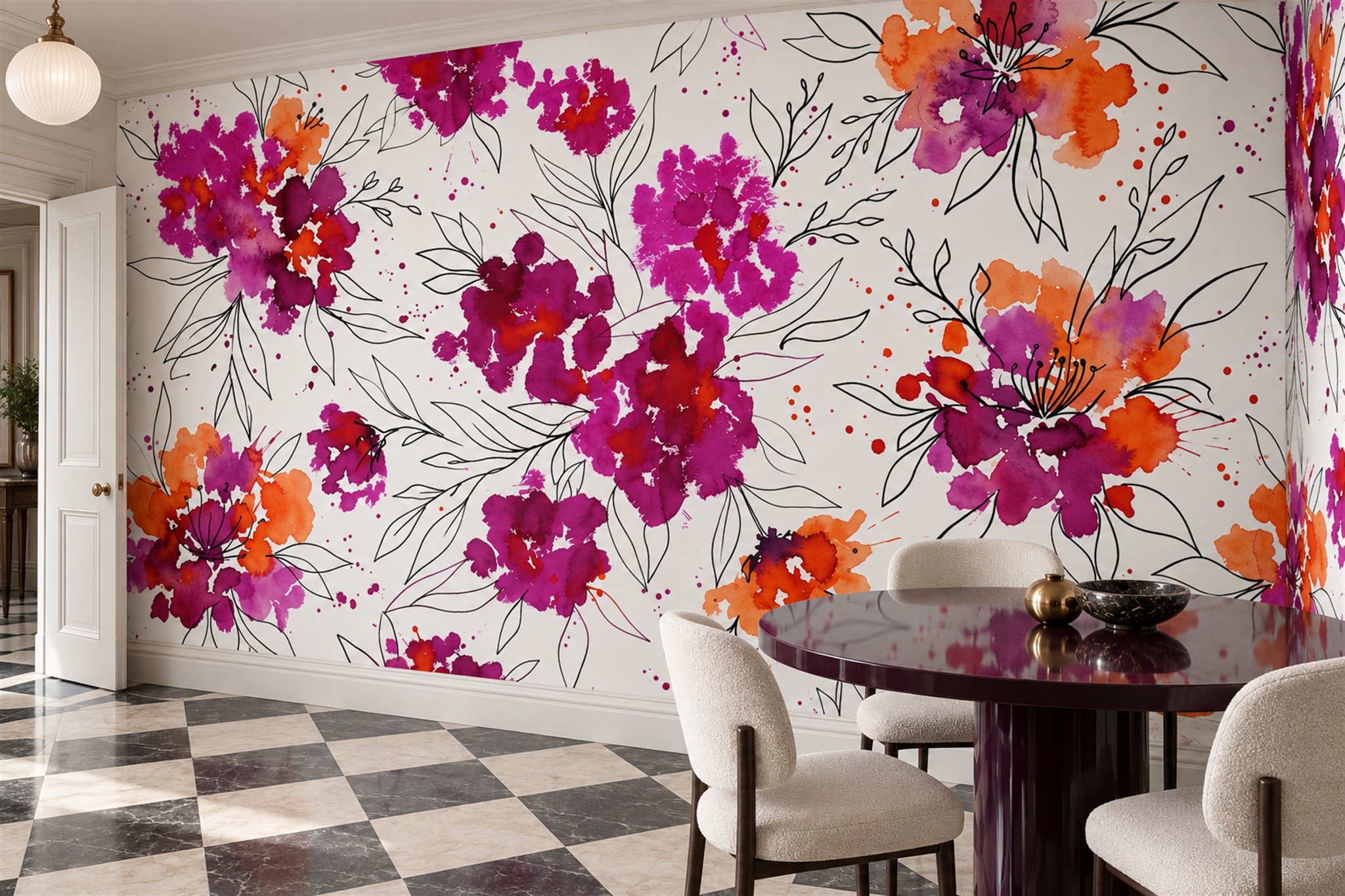 Pink Vintage Artful Layered Wallpaper Mural Dining-room-wallpaper-murals, Shown In A Dining Room, Peel-and-stick Finish