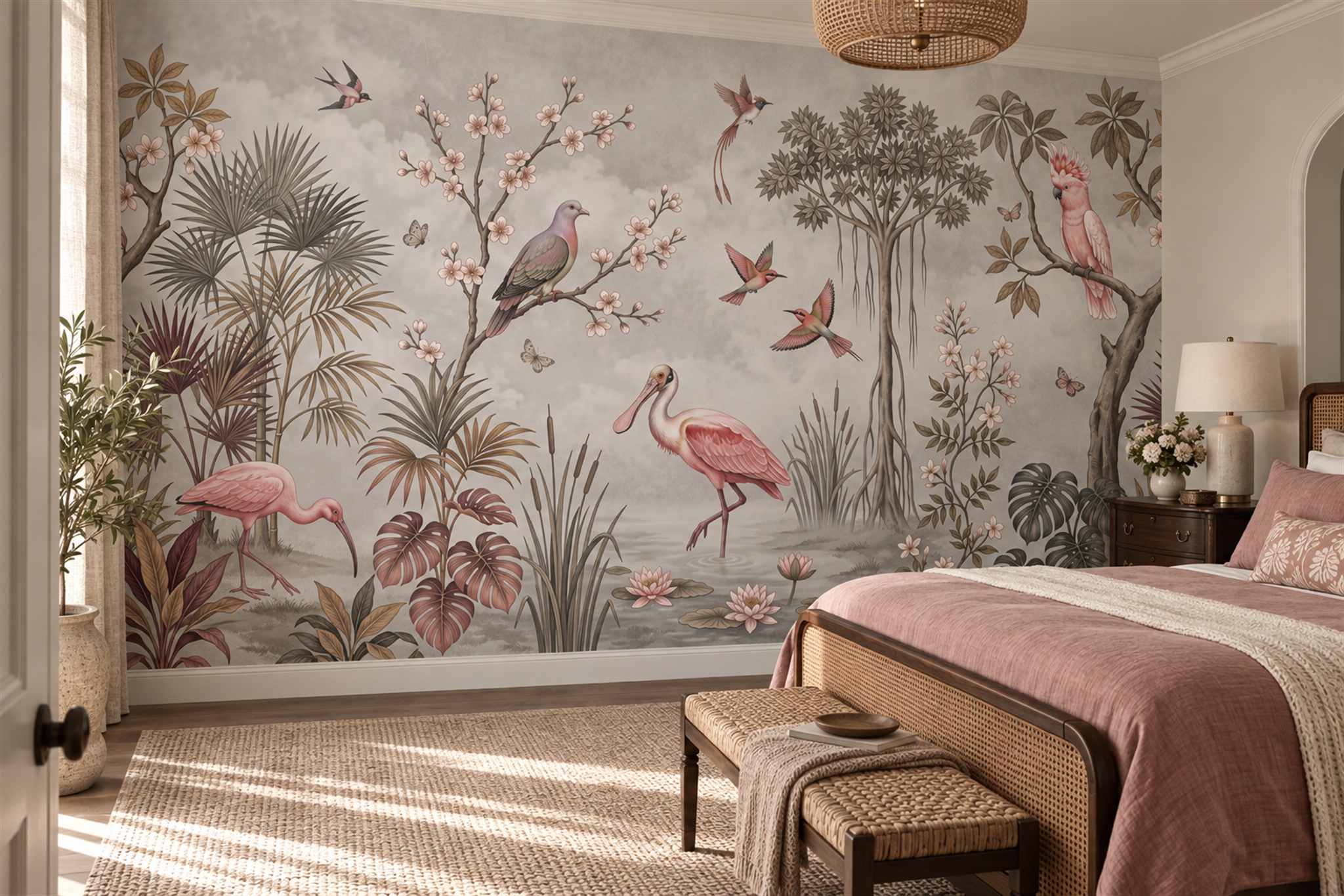 Pink Wading Birds And Flowering Trees Wallpaper Mural — Installed Wallpaper Mural In A Bedroom, Peel-and-stick Finish