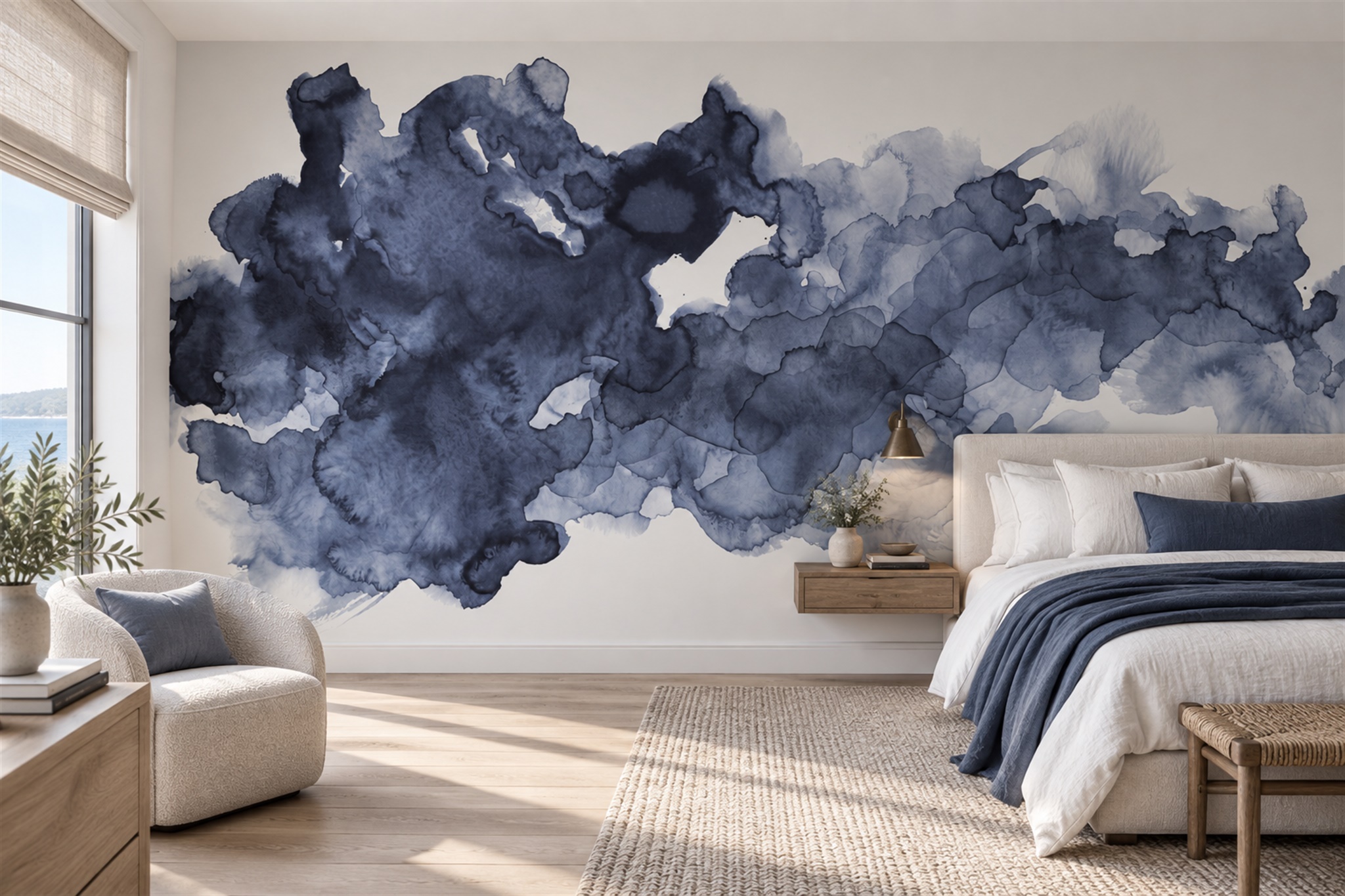 Navy Ink Cloud Watercolour Abstract Wallpaper Mural — Installed Wallpaper Mural In A Bedroom, Peel-and-stick Finish