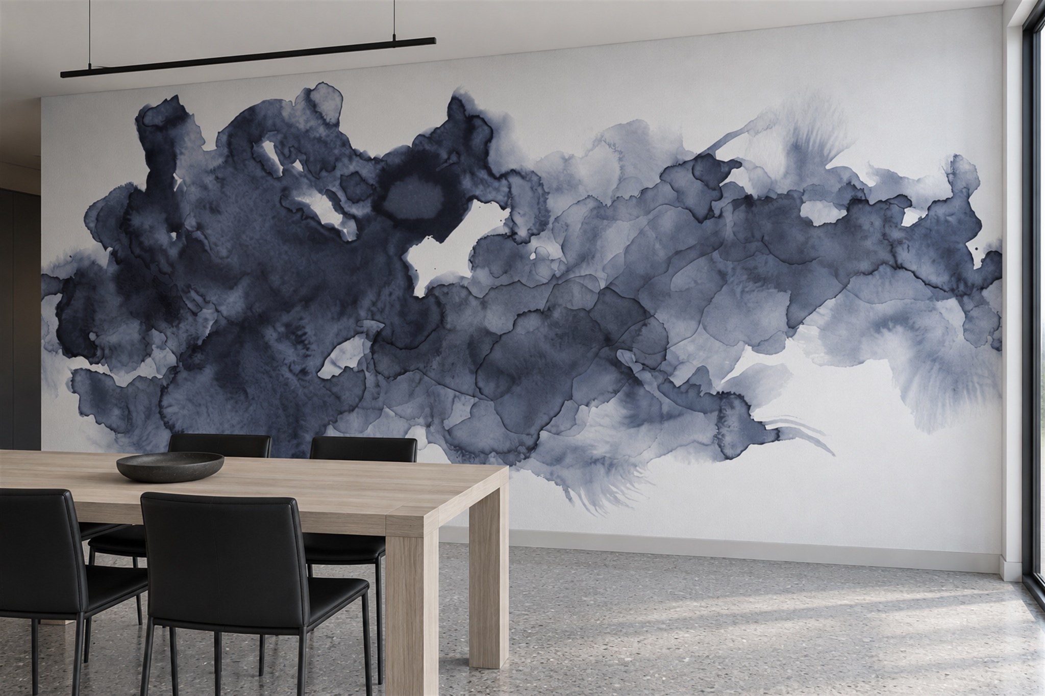 Navy Fluid Artful Wallpaper Mural Dining-room-wallpaper-murals, Shown In A Dining Room, Peel-and-stick Finish