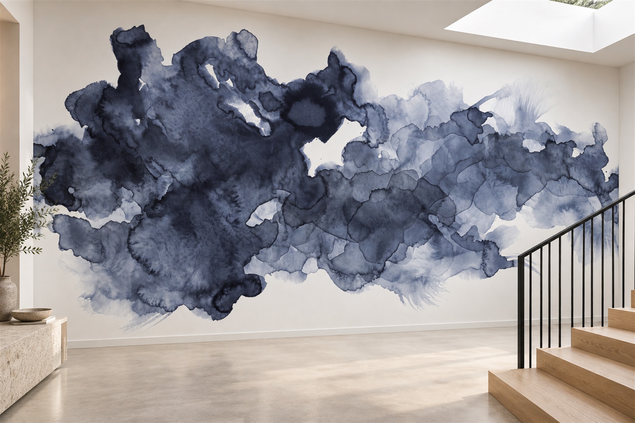 Navy abstract colour concentrated across the middle of a high white stair-hall wall