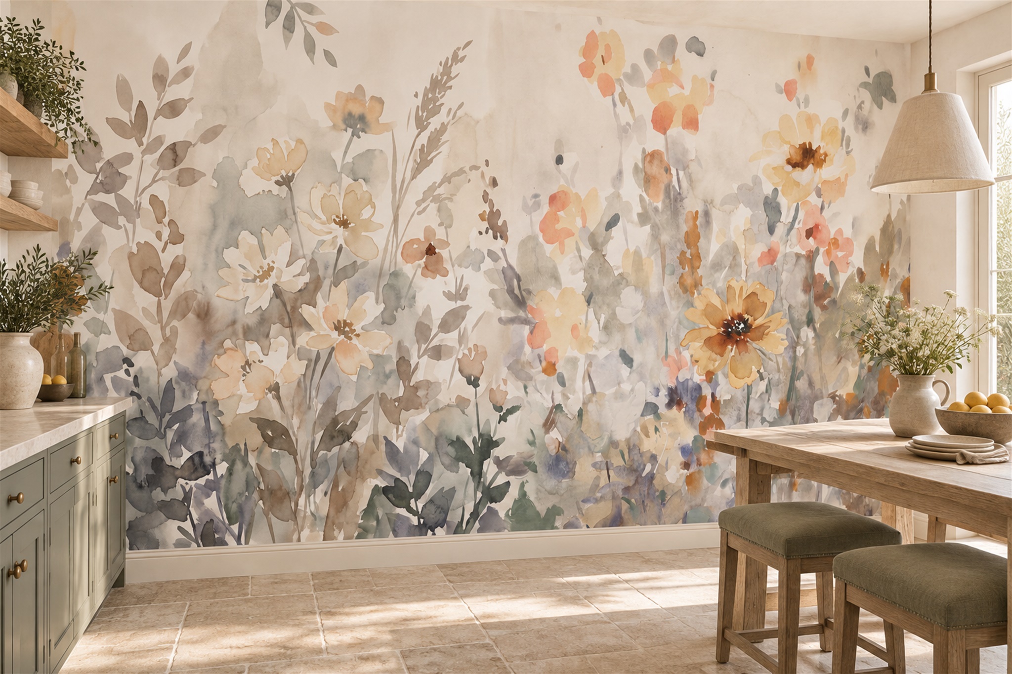 Peach Meadow Scenic Decorative Wallpaper Mural Dining-room-wallpaper-murals, Shown In A Dining Room, Peel-and-stick Finish