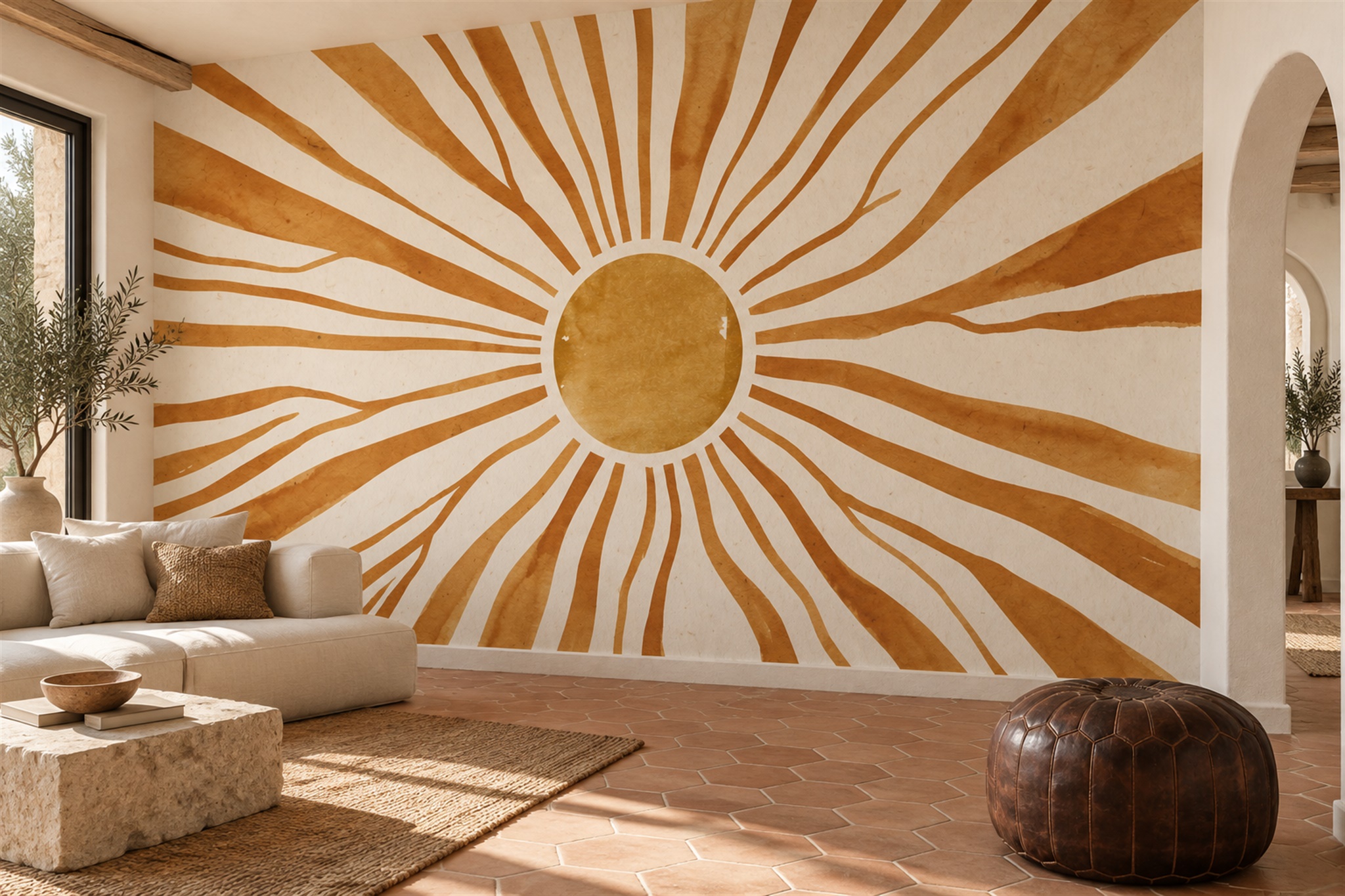 Ochre Pattern Decorative Layered Wallpaper Mural Accent-wall-wallpaper-murals, Peel-and-stick Finish