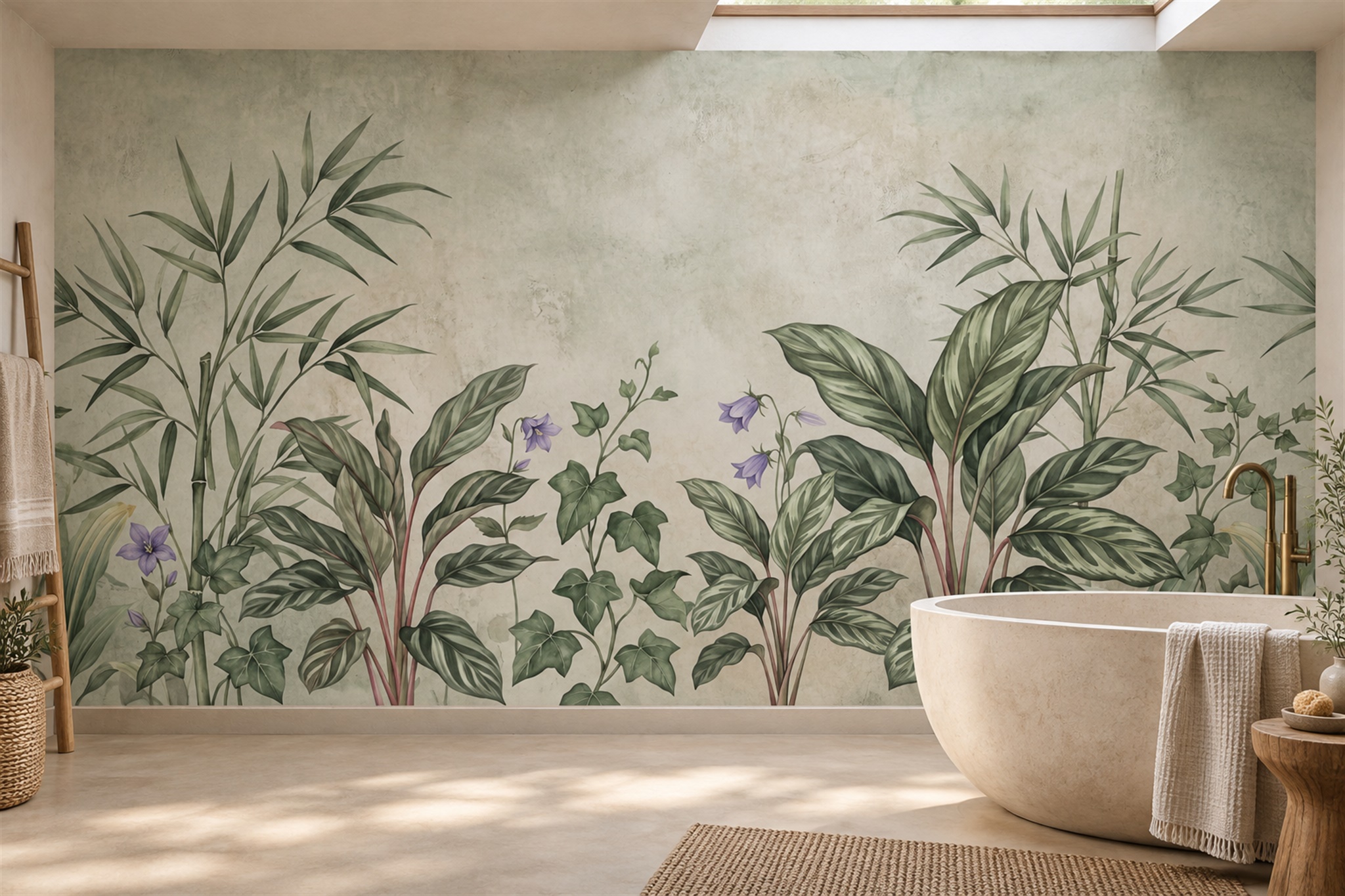 Sage Leaf Botanical Textured Wallpaper Mural Bathroom-wallpaper-murals, Peel-and-stick Finish