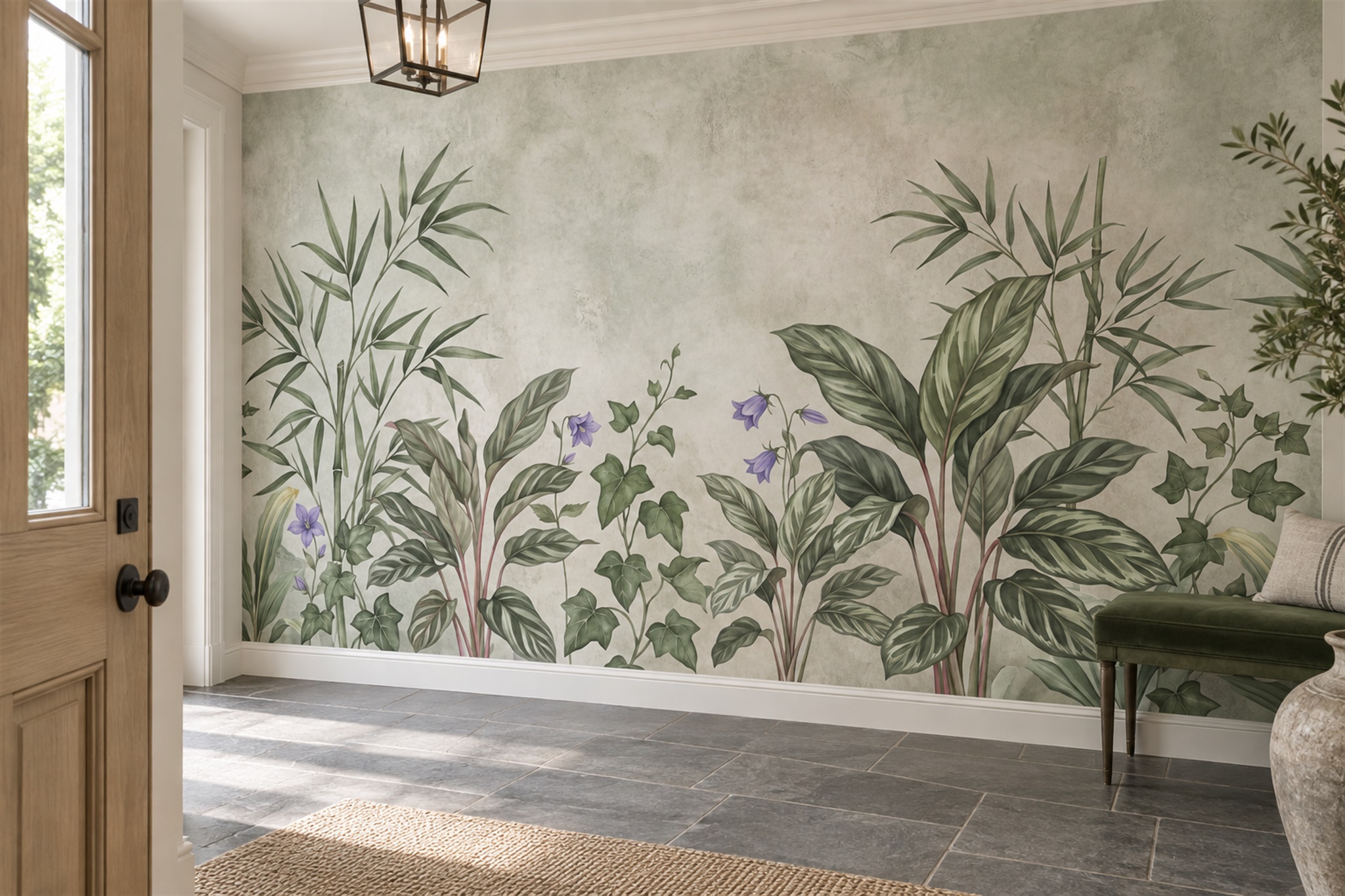 Sage Leaf Botanical Textured Wallpaper Mural Bathroom-wallpaper-murals, Peel-and-stick Finish