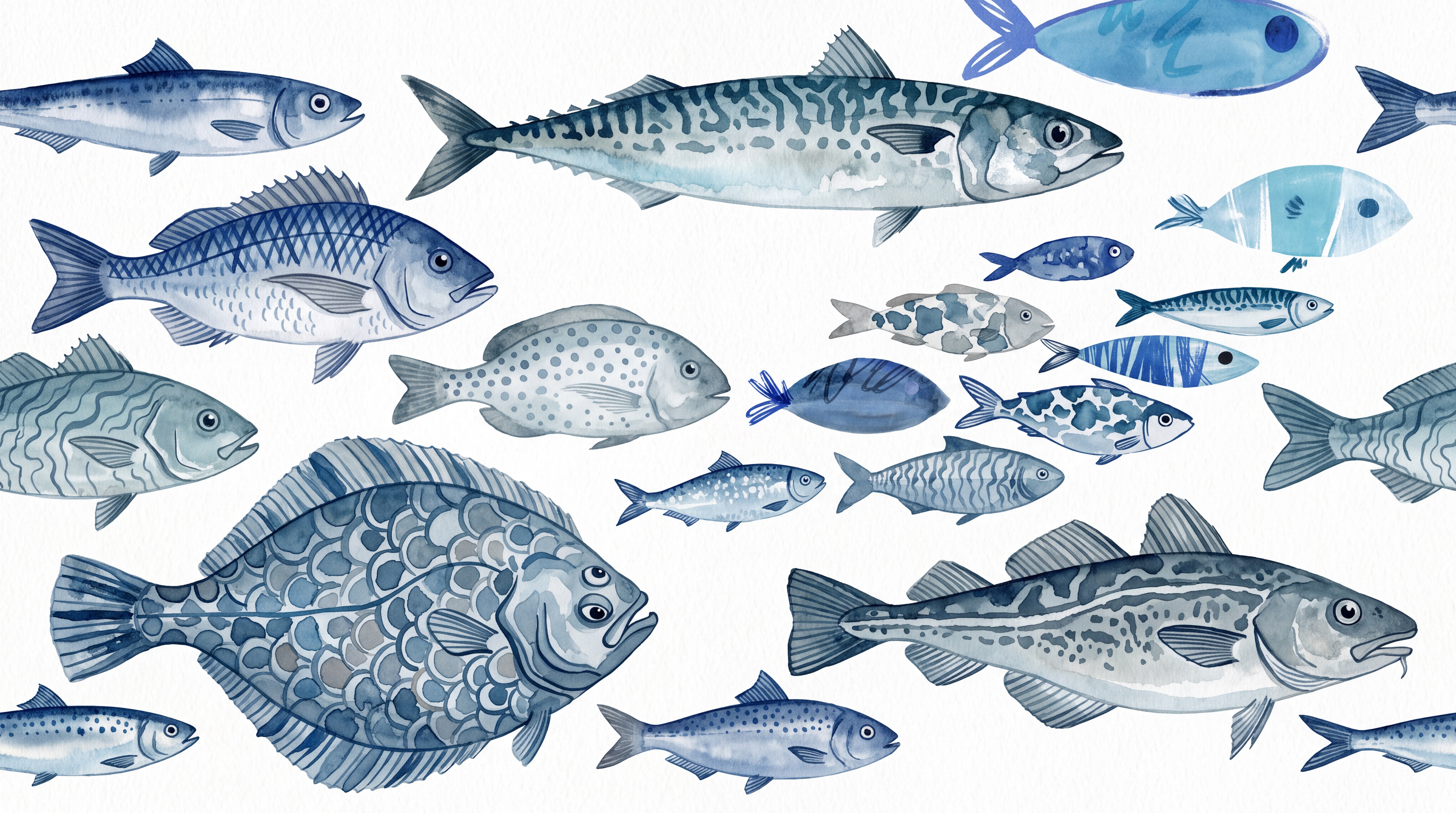 Blue Fish Illustrated Wallpaper Mural, Peel-and-stick Finish