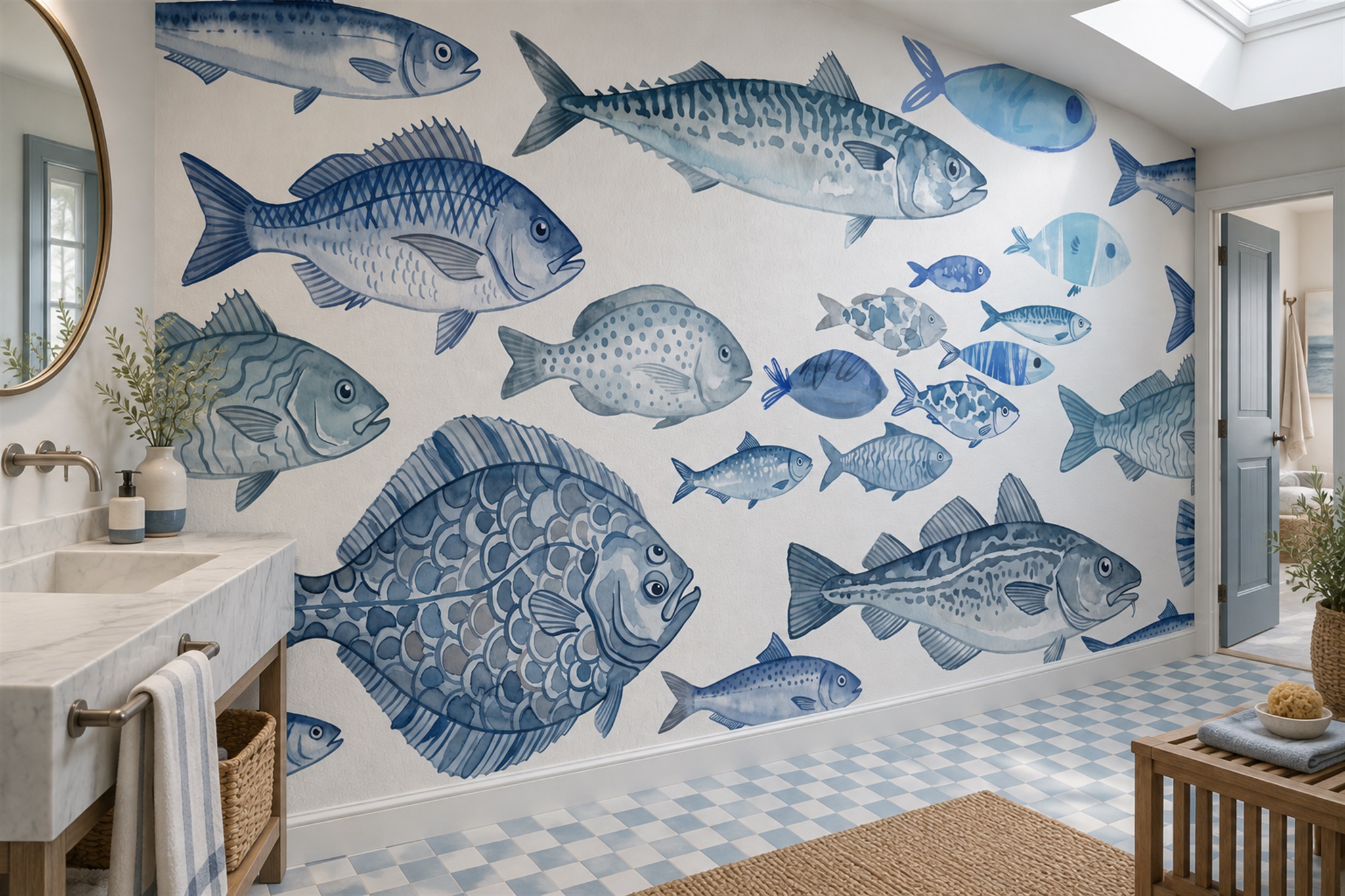 Blue Fish Illustrated Wallpaper Mural Bathroom-wallpaper-murals, Peel-and-stick Finish