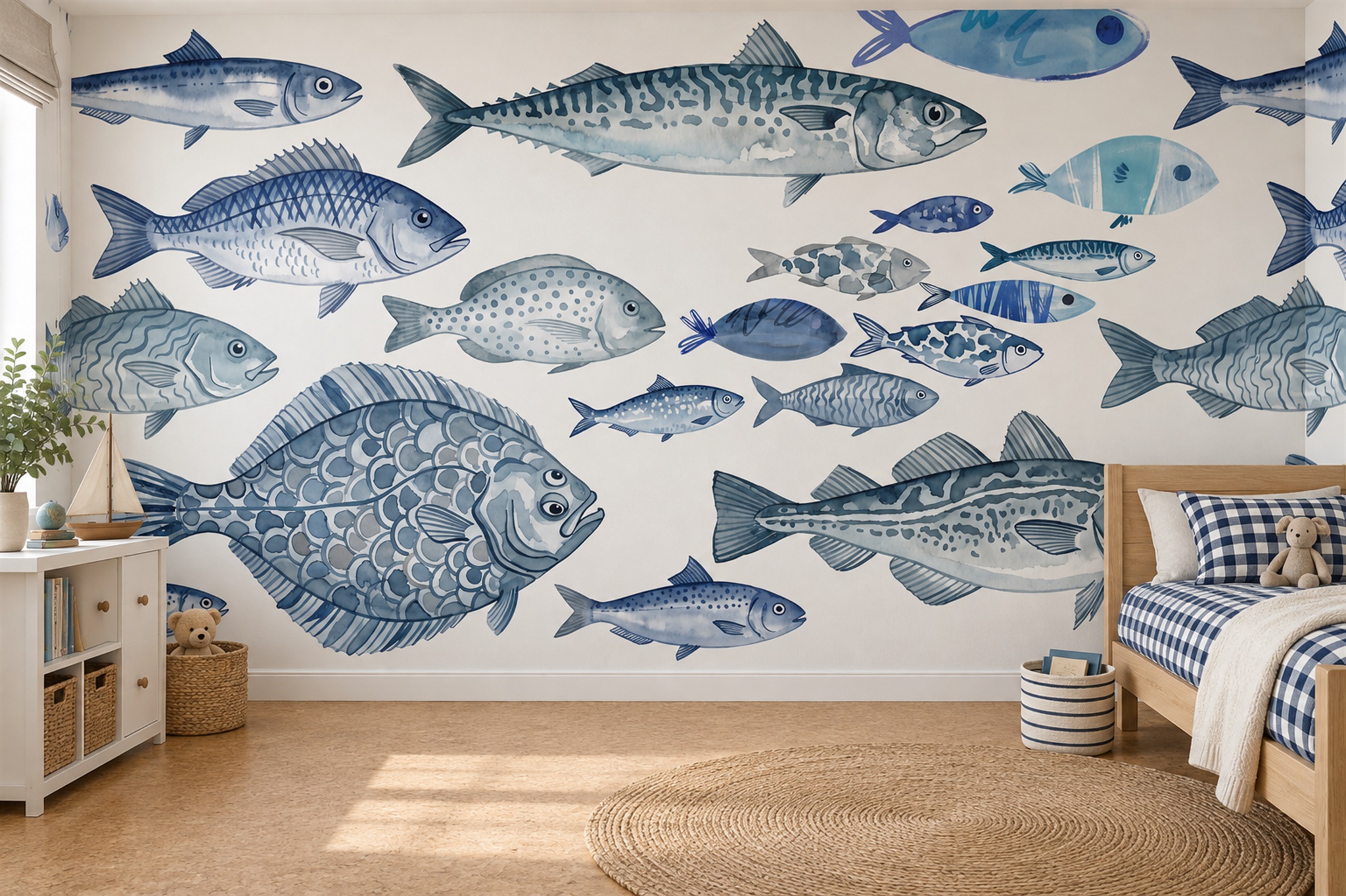 Blue Fish Illustrated Wallpaper Mural Accent-wall-wallpaper-murals, Peel-and-stick Finish