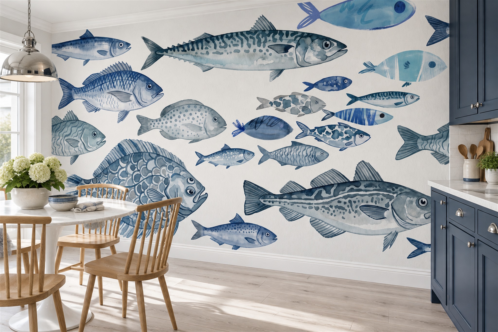 Blue Fish Illustrated Wallpaper Mural Accent-wall-wallpaper-murals, Peel-and-stick Finish