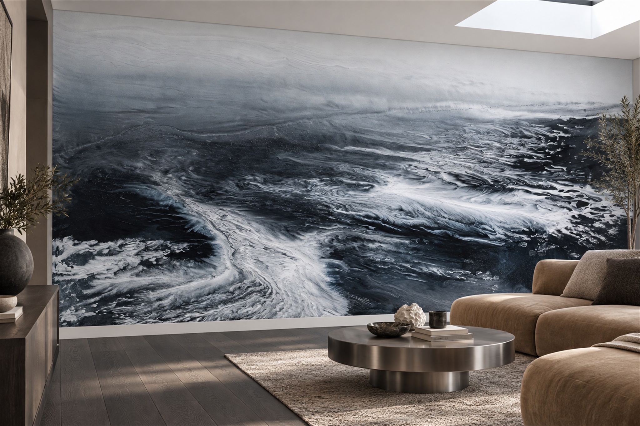 Navy Waves Artful Abstract Wallpaper Mural Living-room-wallpaper-murals, Shown In A Living Room, Peel-and-stick Finish