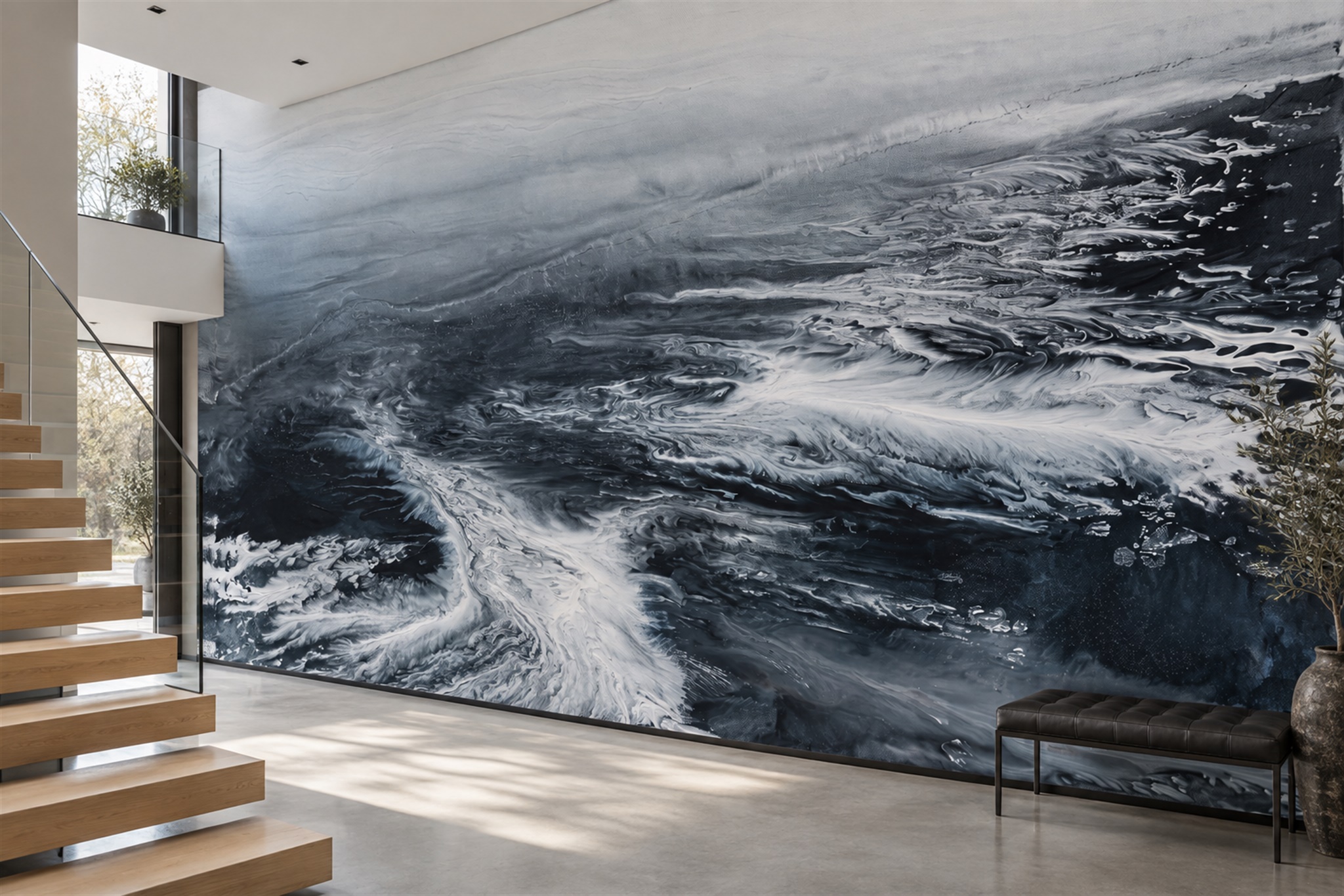 Navy Waves Artful Abstract Wallpaper Mural Accent-wall-wallpaper-murals, Peel-and-stick Finish