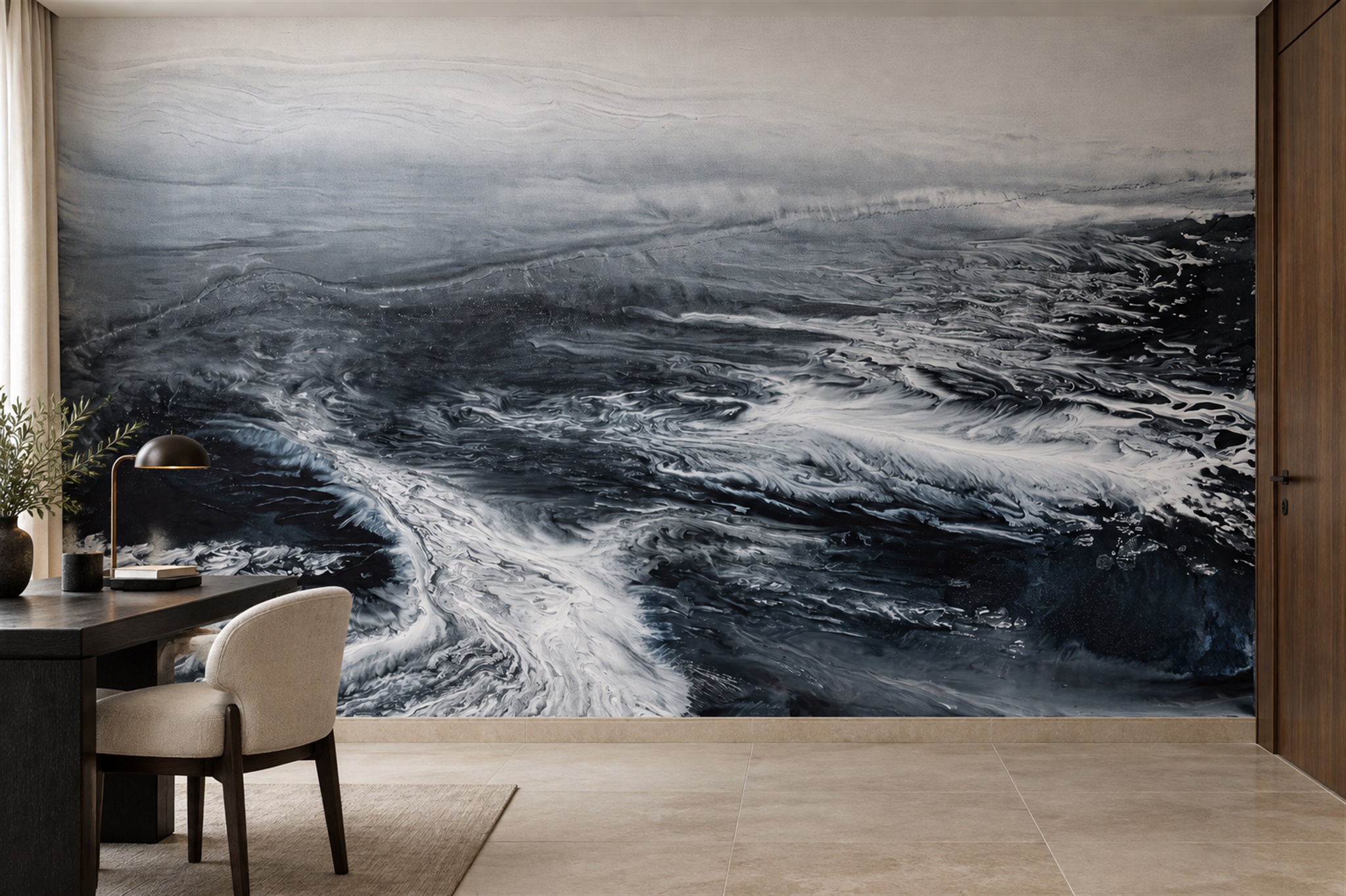 Navy Waves Artful Abstract Wallpaper Mural Home-office-wallpaper-murals, Peel-and-stick Finish