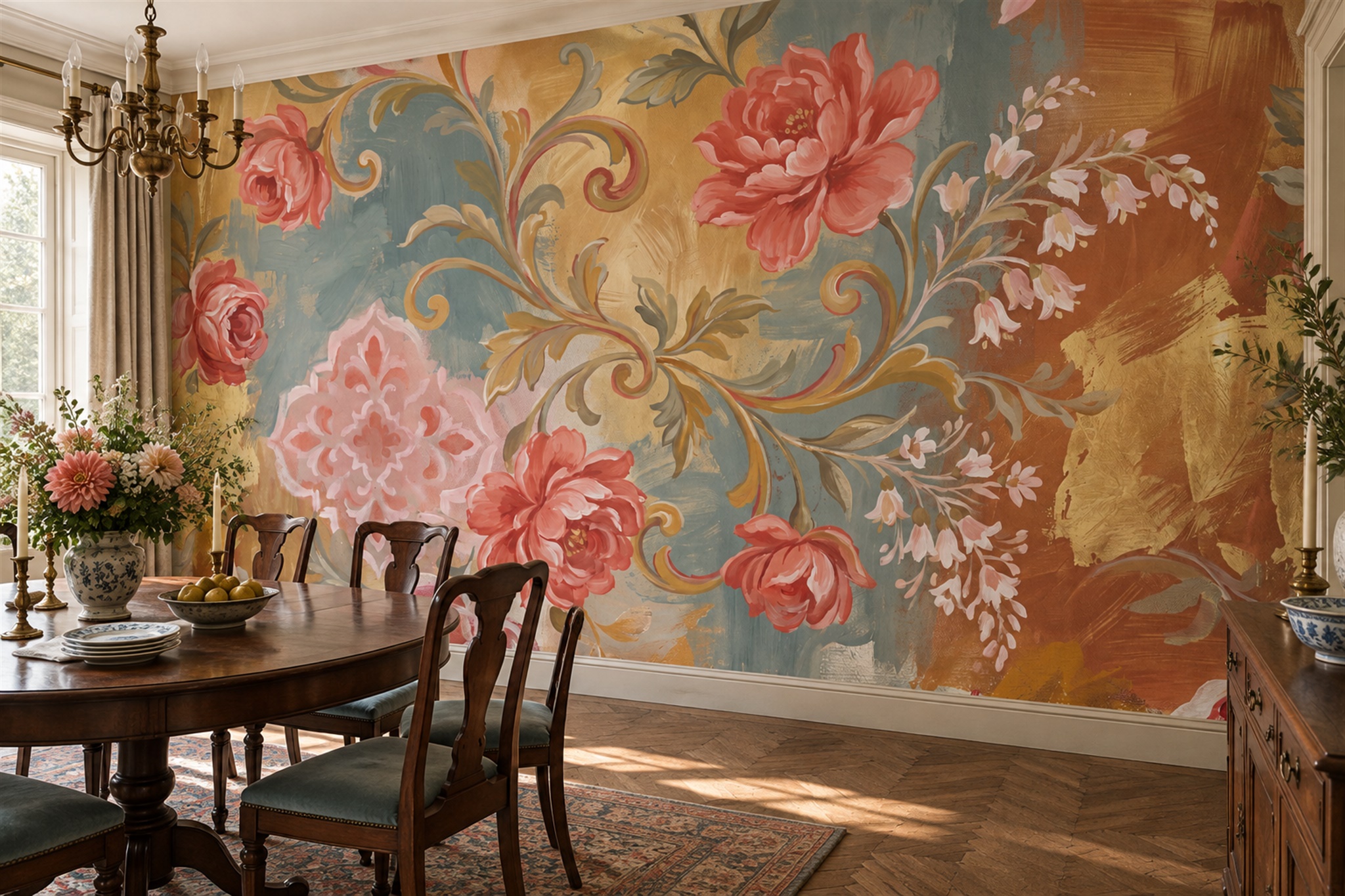 Coral Floral Botanical Wallpaper Mural Dining-room-wallpaper-murals, Shown In A Dining Room, Peel-and-stick Finish