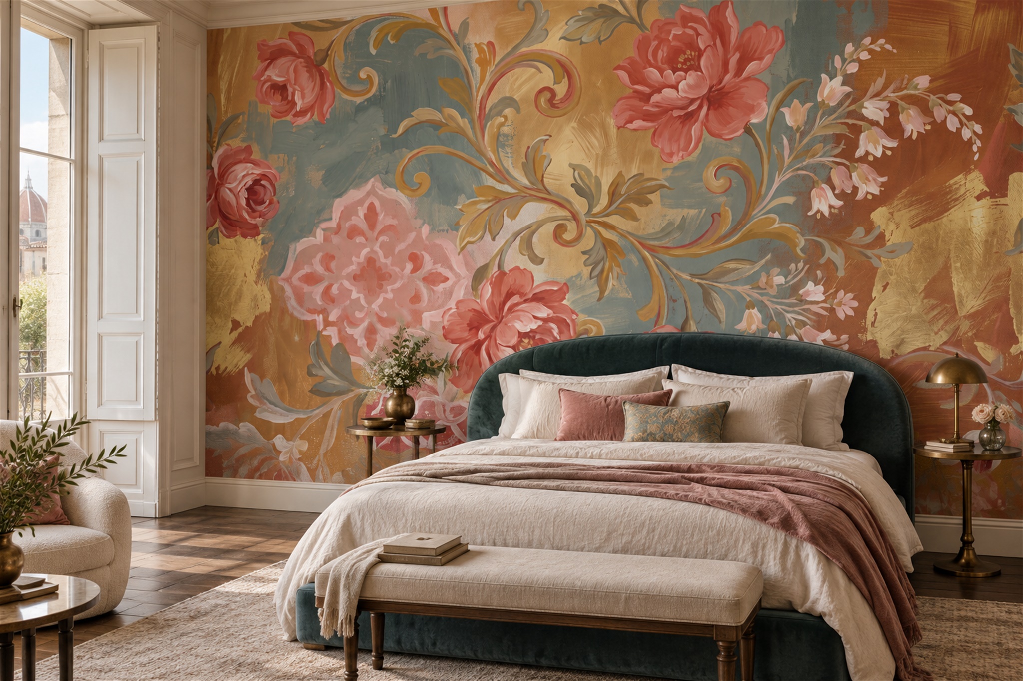 Coral Floral Botanical Wallpaper Mural Bedroom-wallpaper-murals, Peel-and-stick Finish