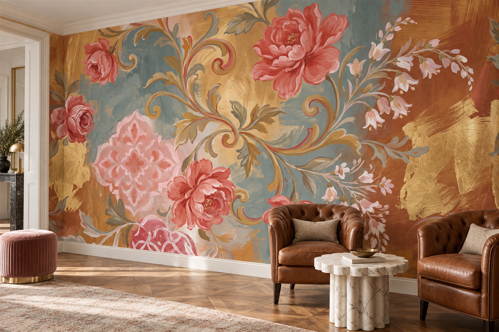 Coral Blooms And Golden Scrollwork Wallpaper Mural — Wallpaper Mural Design, Peel-and-stick Finish