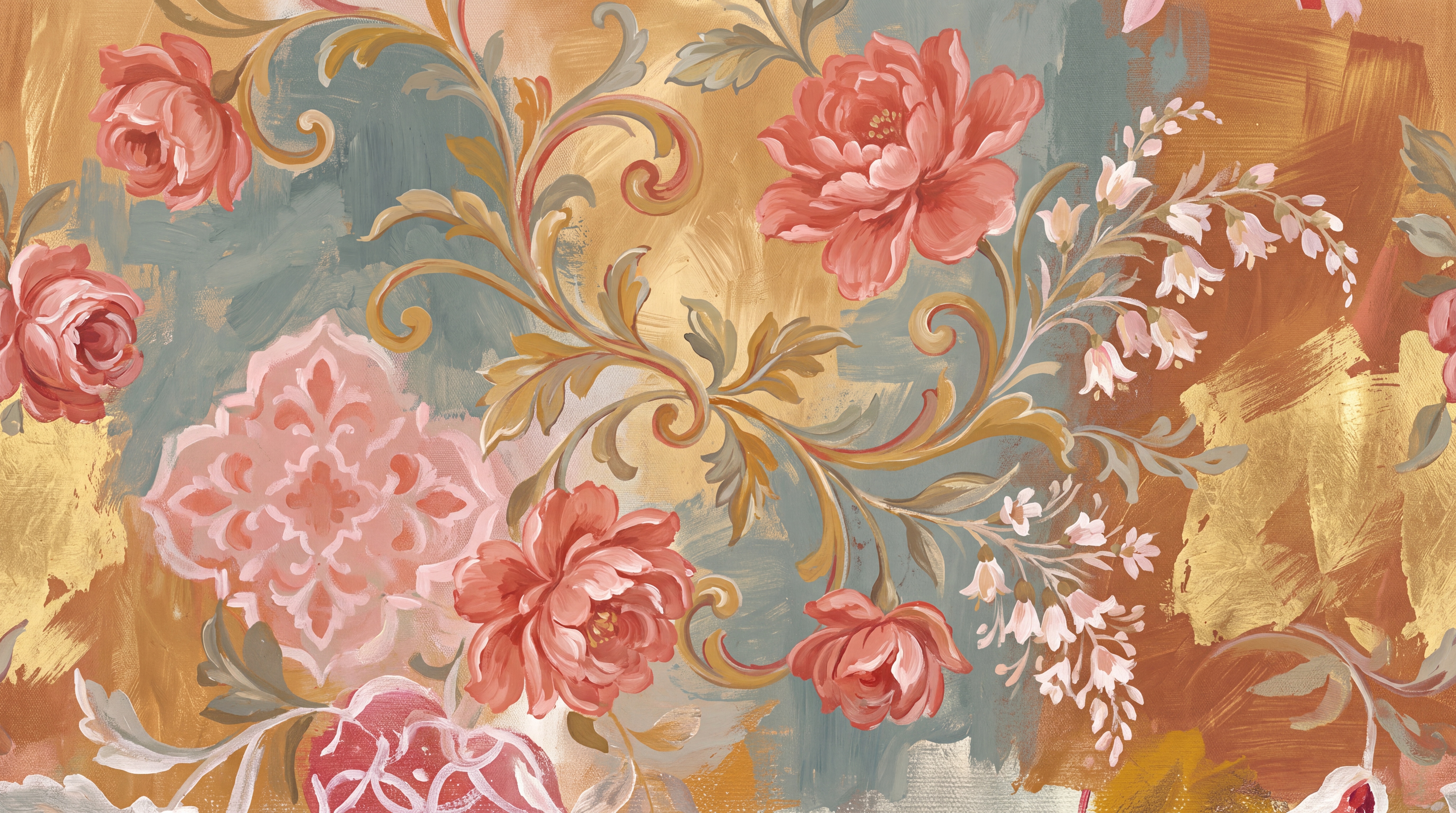 Coral Floral Botanical Wallpaper Mural Accent-wall-wallpaper-murals, Peel-and-stick Finish