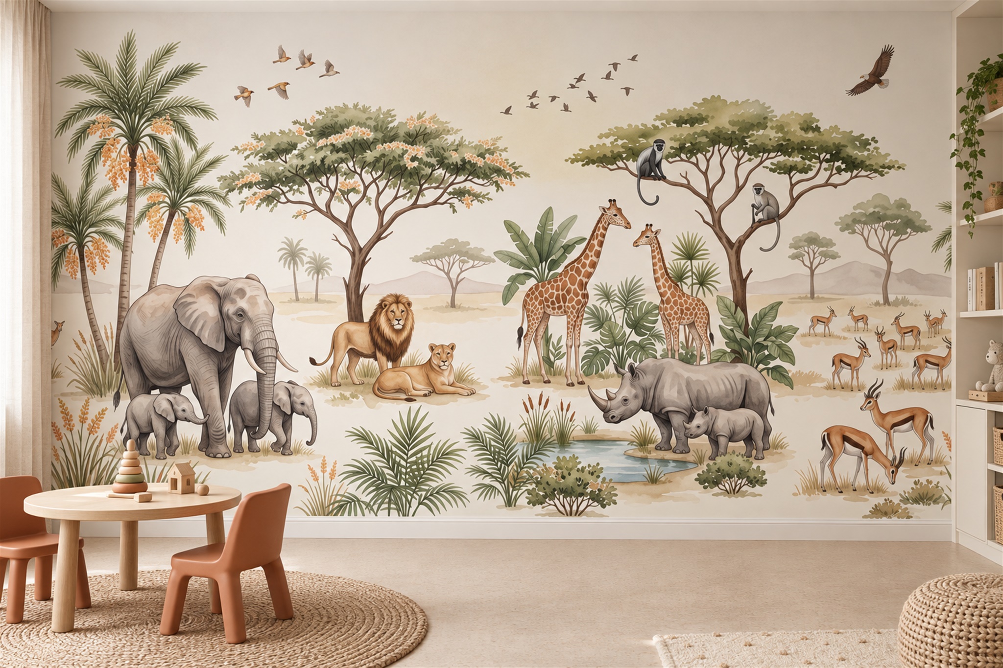 Beige Safari Scenic Toile Wallpaper Mural Accent-wall-wallpaper-murals, Peel-and-stick Finish