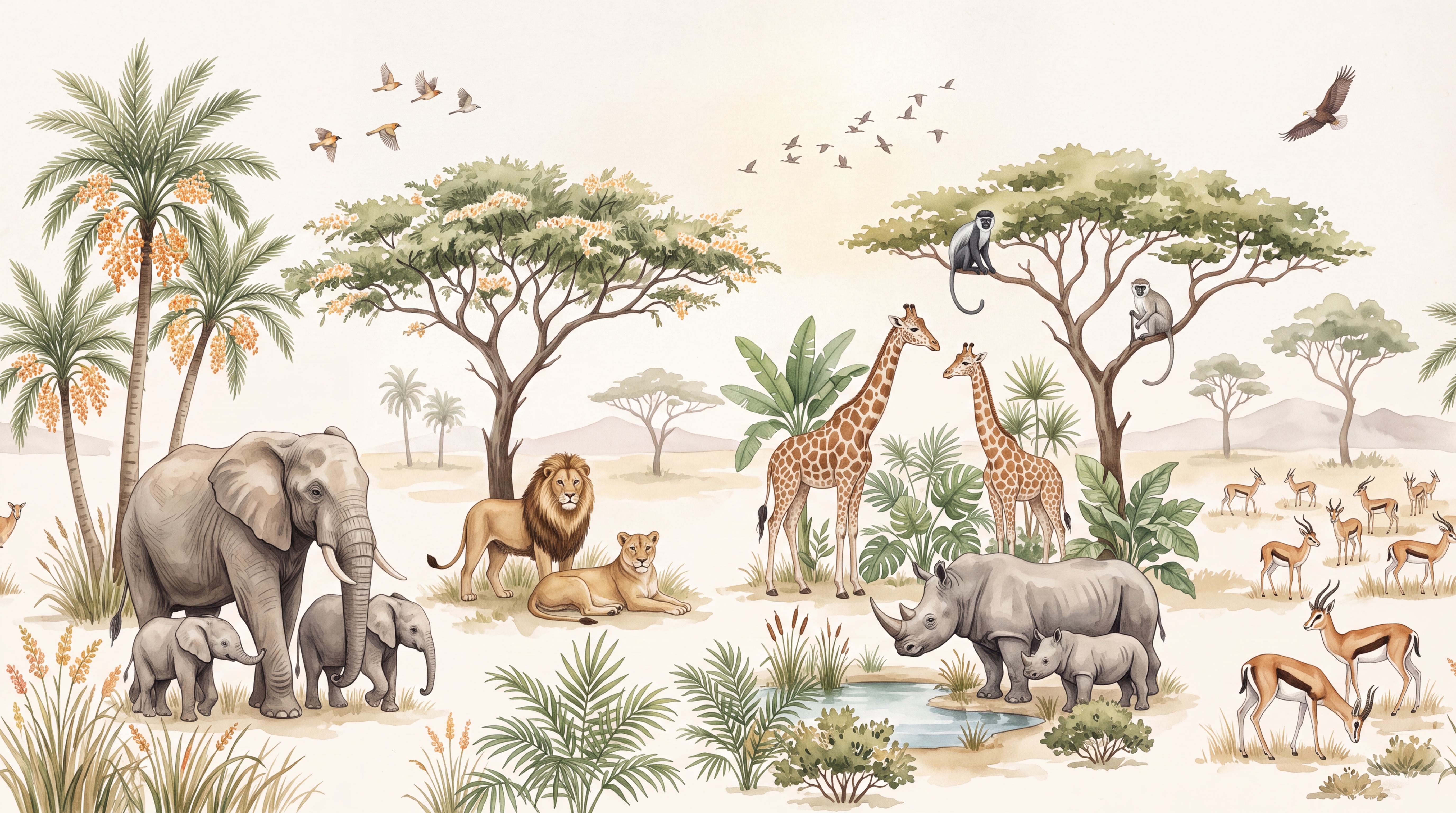 Beige Safari Scenic Toile Wallpaper Mural, Peel-and-stick Finish
