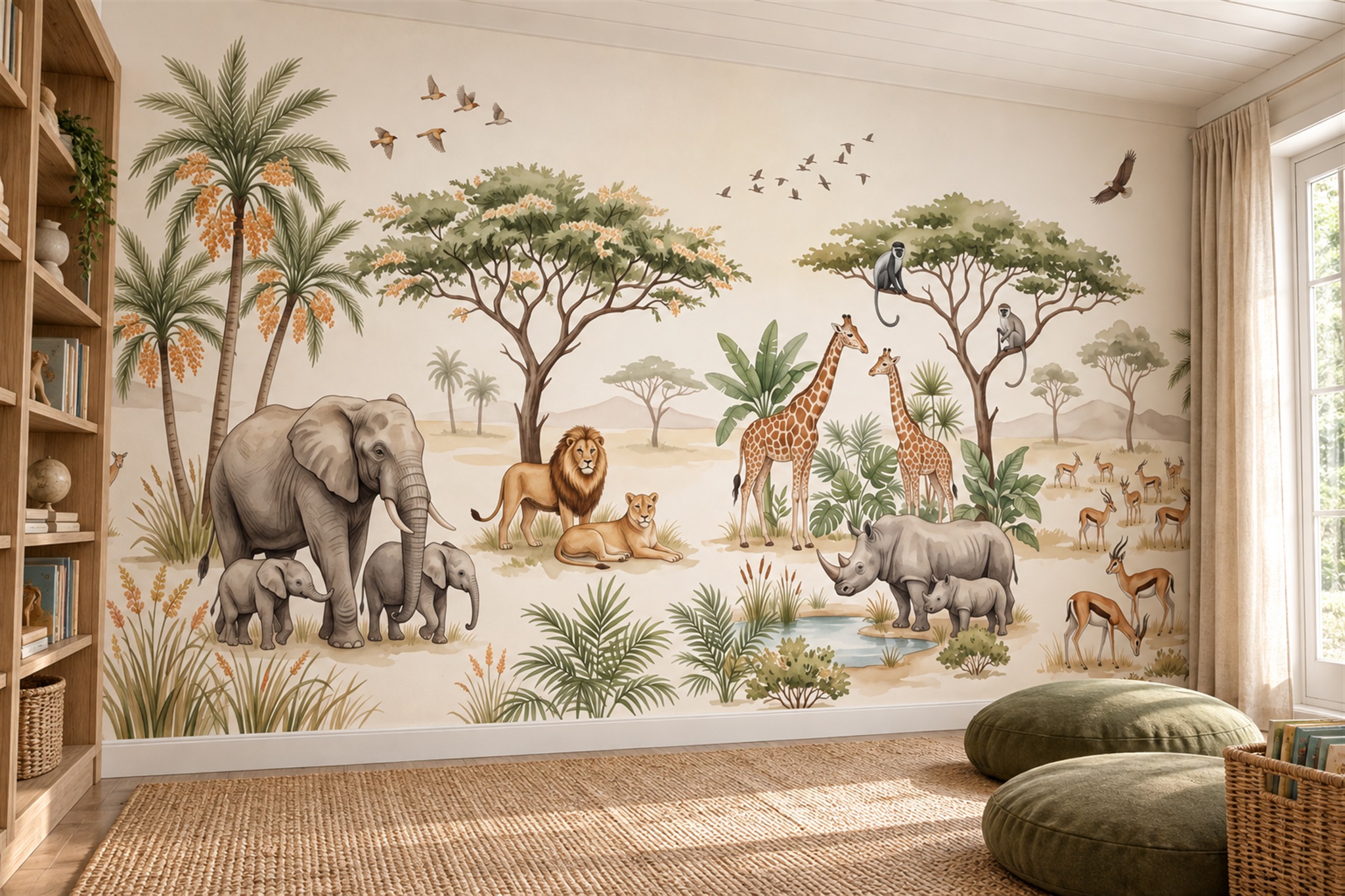 Beige Safari Scenic Toile Wallpaper Mural Home-office-wallpaper-murals, Peel-and-stick Finish
