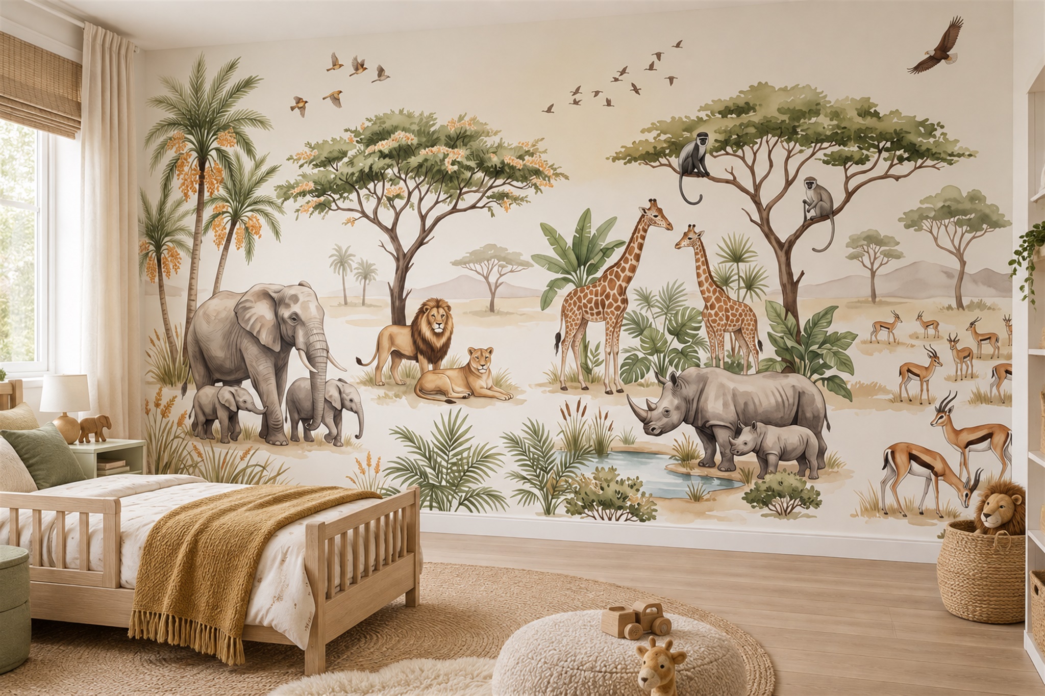 Beige Safari Scenic Toile Wallpaper Mural Home-office-wallpaper-murals, Peel-and-stick Finish