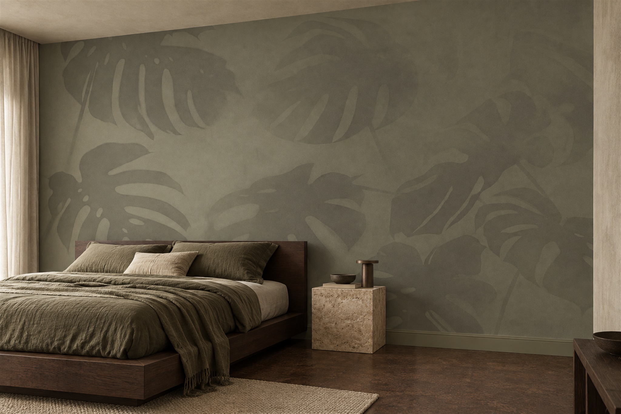 Tonal Olive Monstera Leaf Silhouette Wallpaper Mural — Installed Wallpaper Mural In A Bedroom, Peel-and-stick Finish