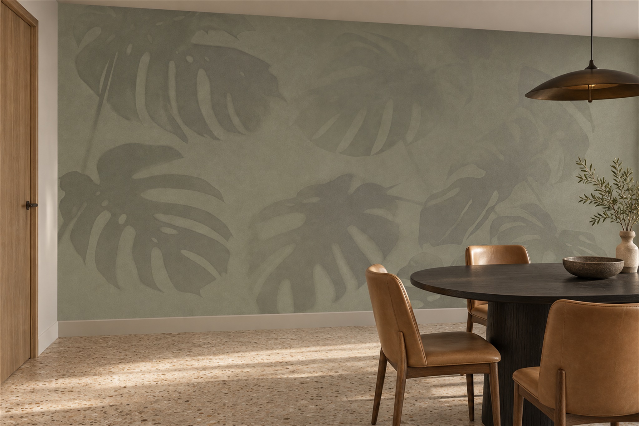 Olive Pattern Decorative Illustrated Wallpaper Mural Dining-room-wallpaper-murals, Shown In A Dining Room, Peel-and-stick Finish