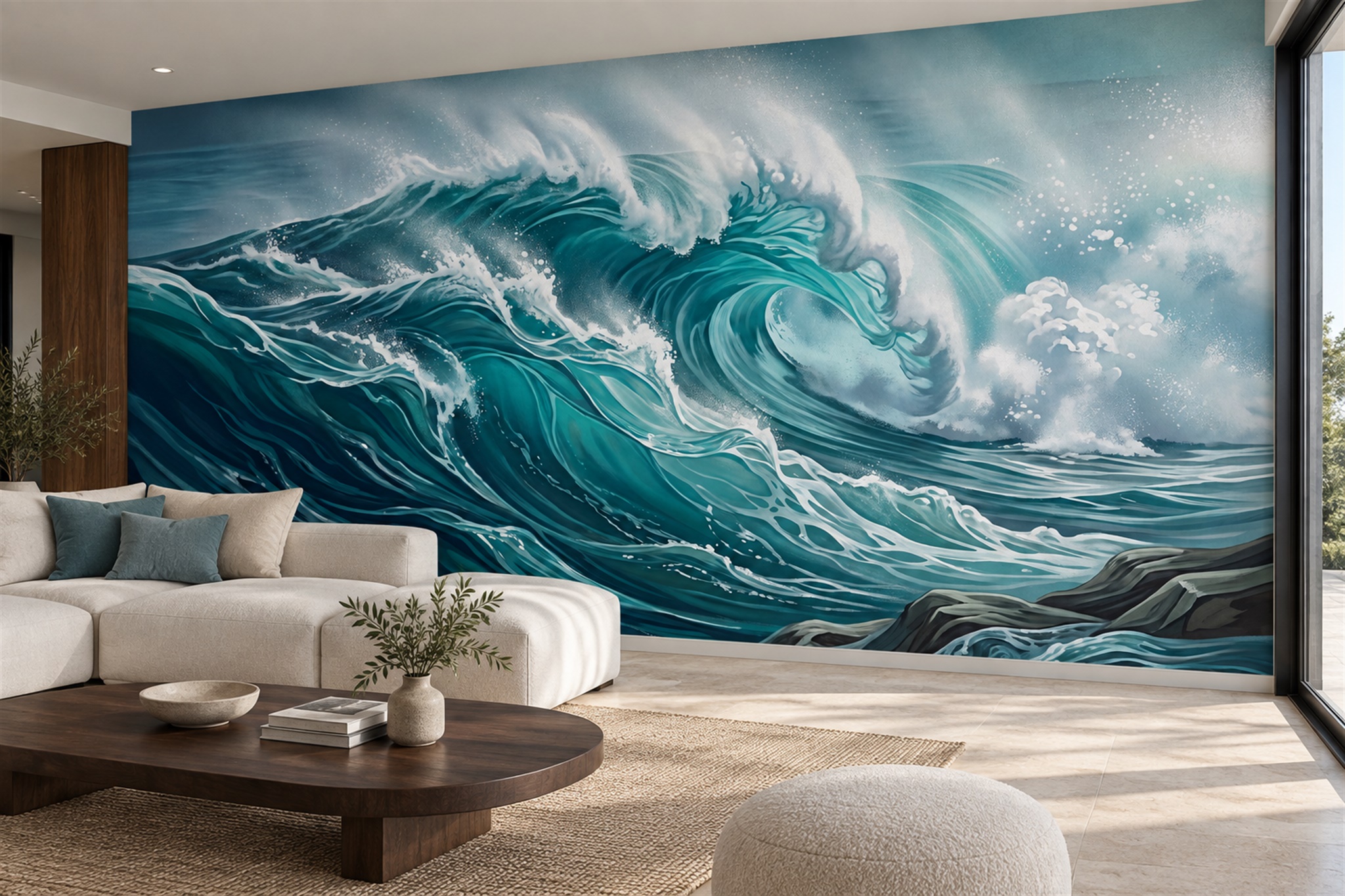 Teal Waves Artful Abstract Wallpaper Mural Living-room-wallpaper-murals, Peel-and-stick Finish