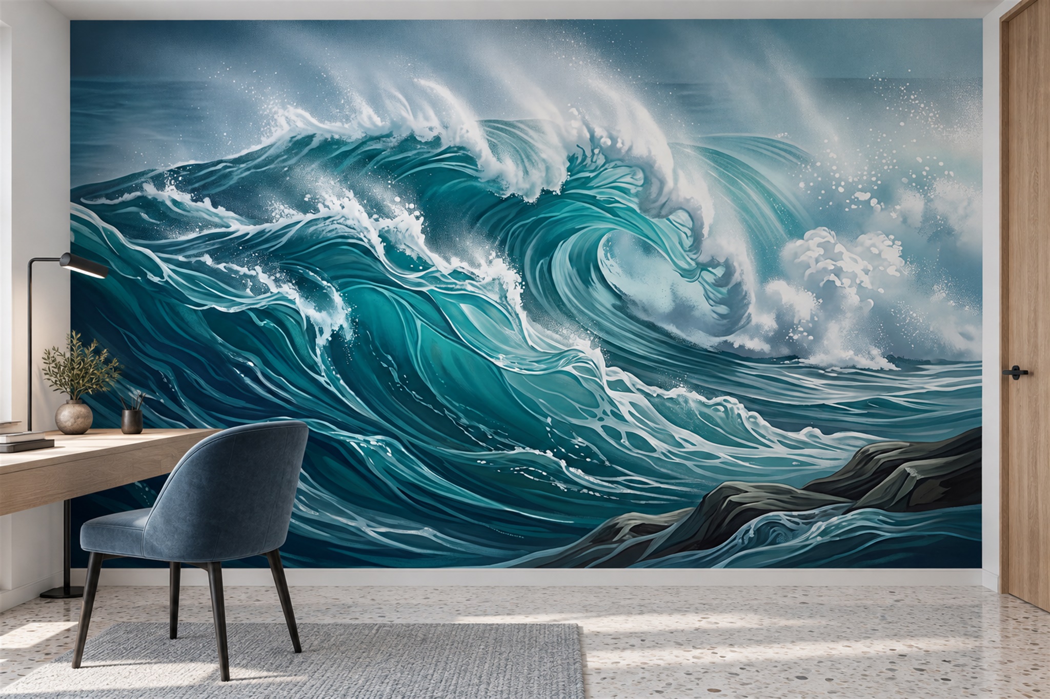 Teal Waves Artful Abstract Wallpaper Mural Bedroom-wallpaper-murals, Peel-and-stick Finish