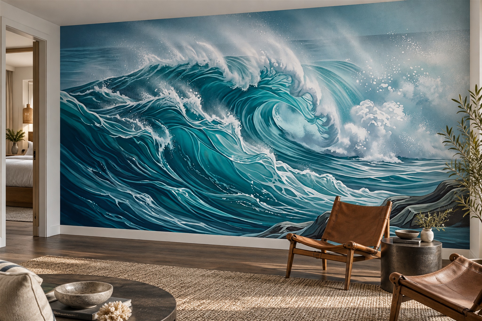 Teal Breaking Wave With White Foam Wallpaper Mural — Installed Wallpaper Mural In A Bedroom, Peel-and-stick Finish