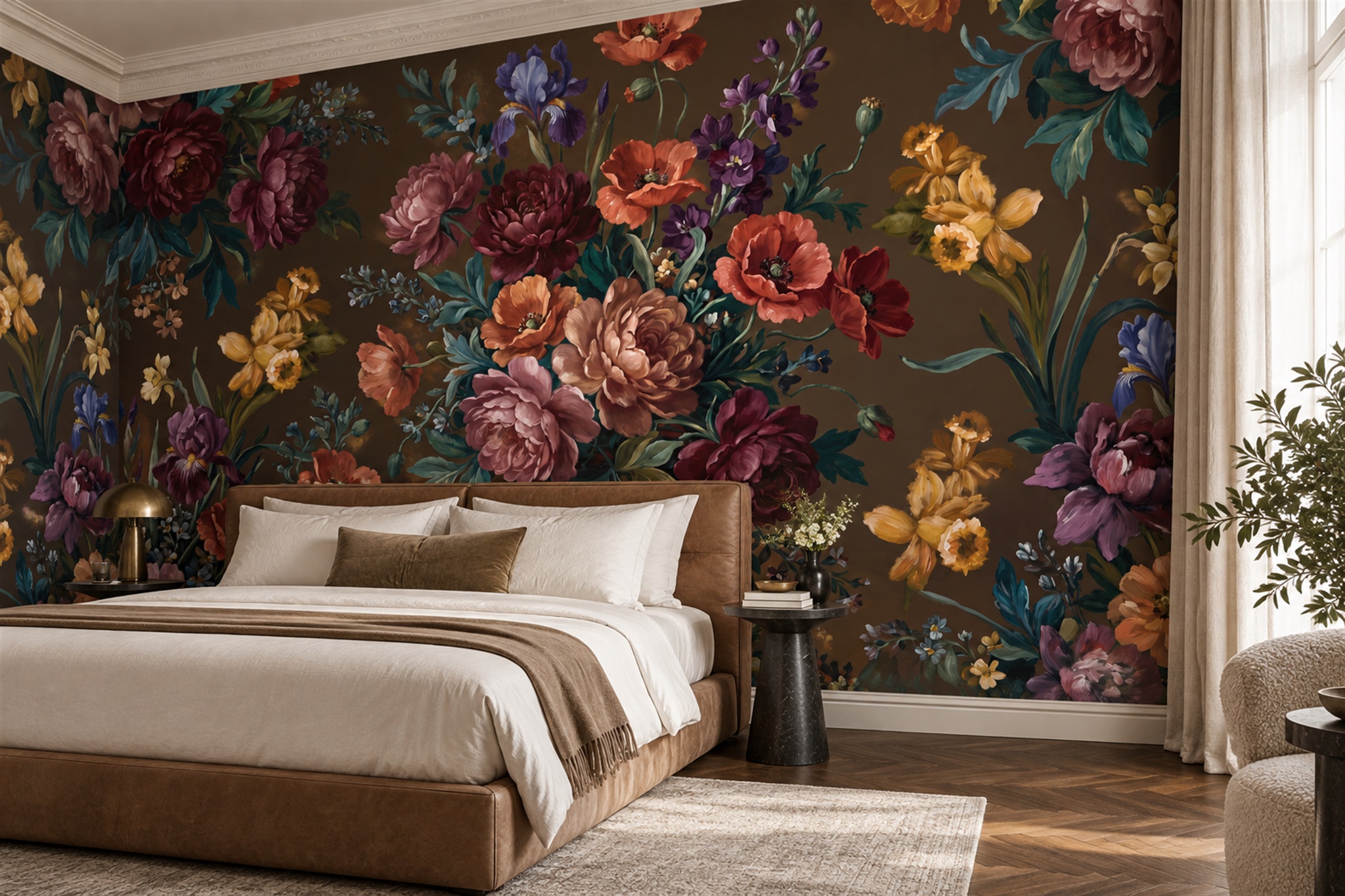 Brown Floral Botanical Wallpaper Mural Bedroom-wallpaper-murals, Peel-and-stick Finish