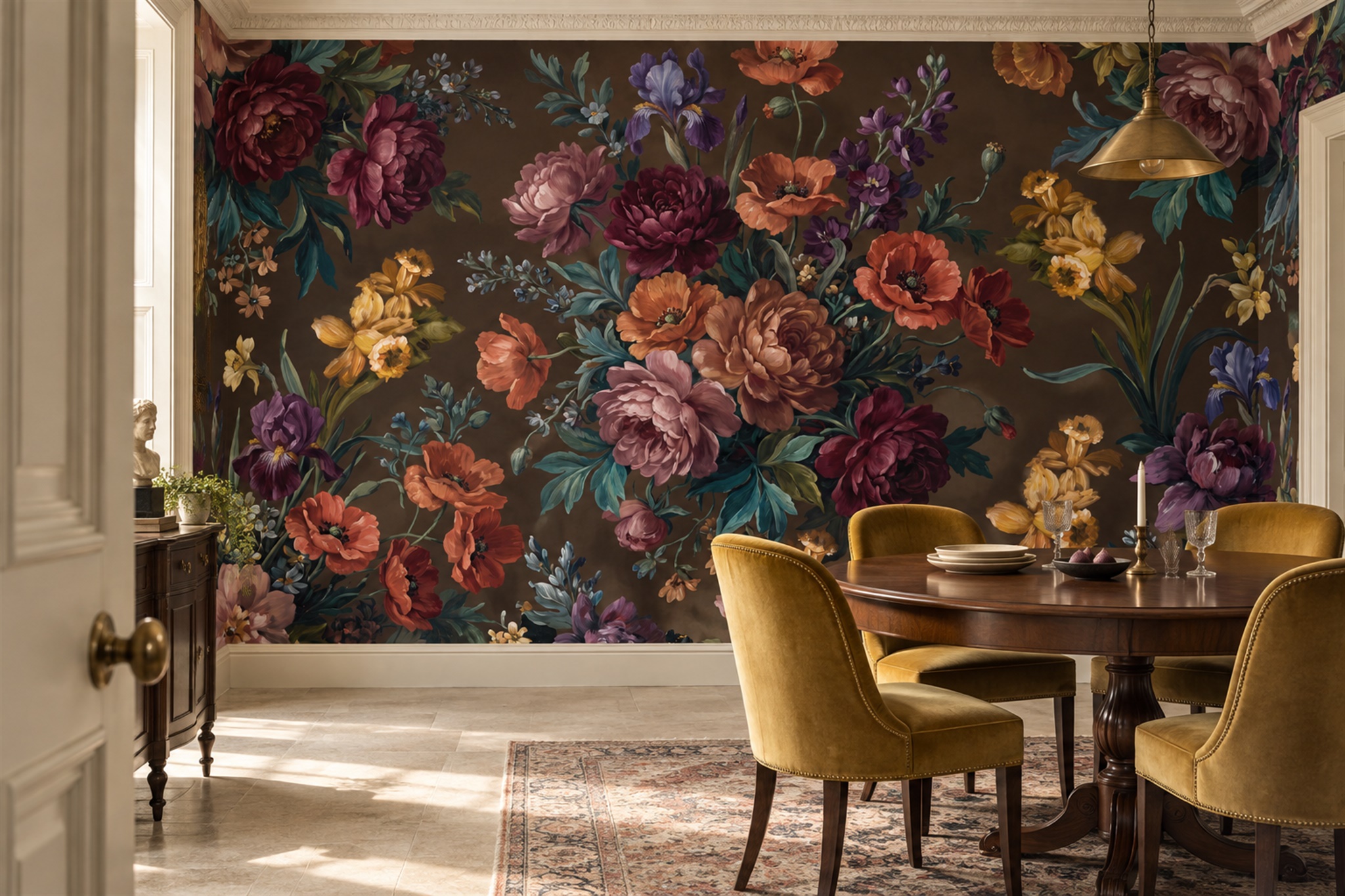 Brown Floral Botanical Wallpaper Mural Dining-room-wallpaper-murals, Shown In A Dining Room, Peel-and-stick Finish