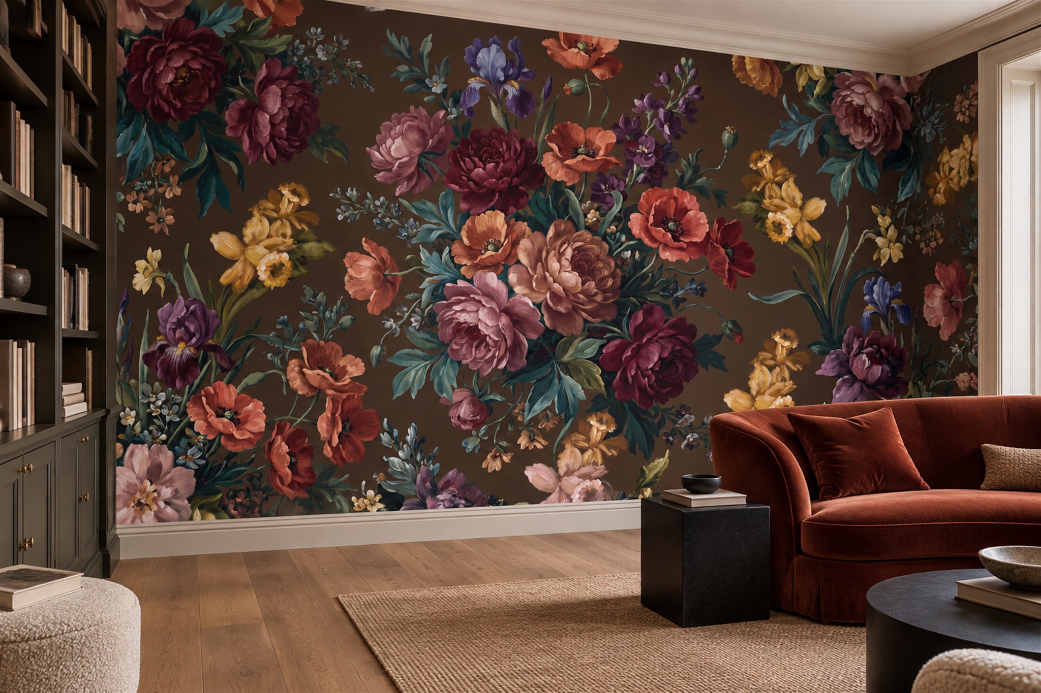 Brown Floral Botanical Wallpaper Mural Home-office-wallpaper-murals, Peel-and-stick Finish