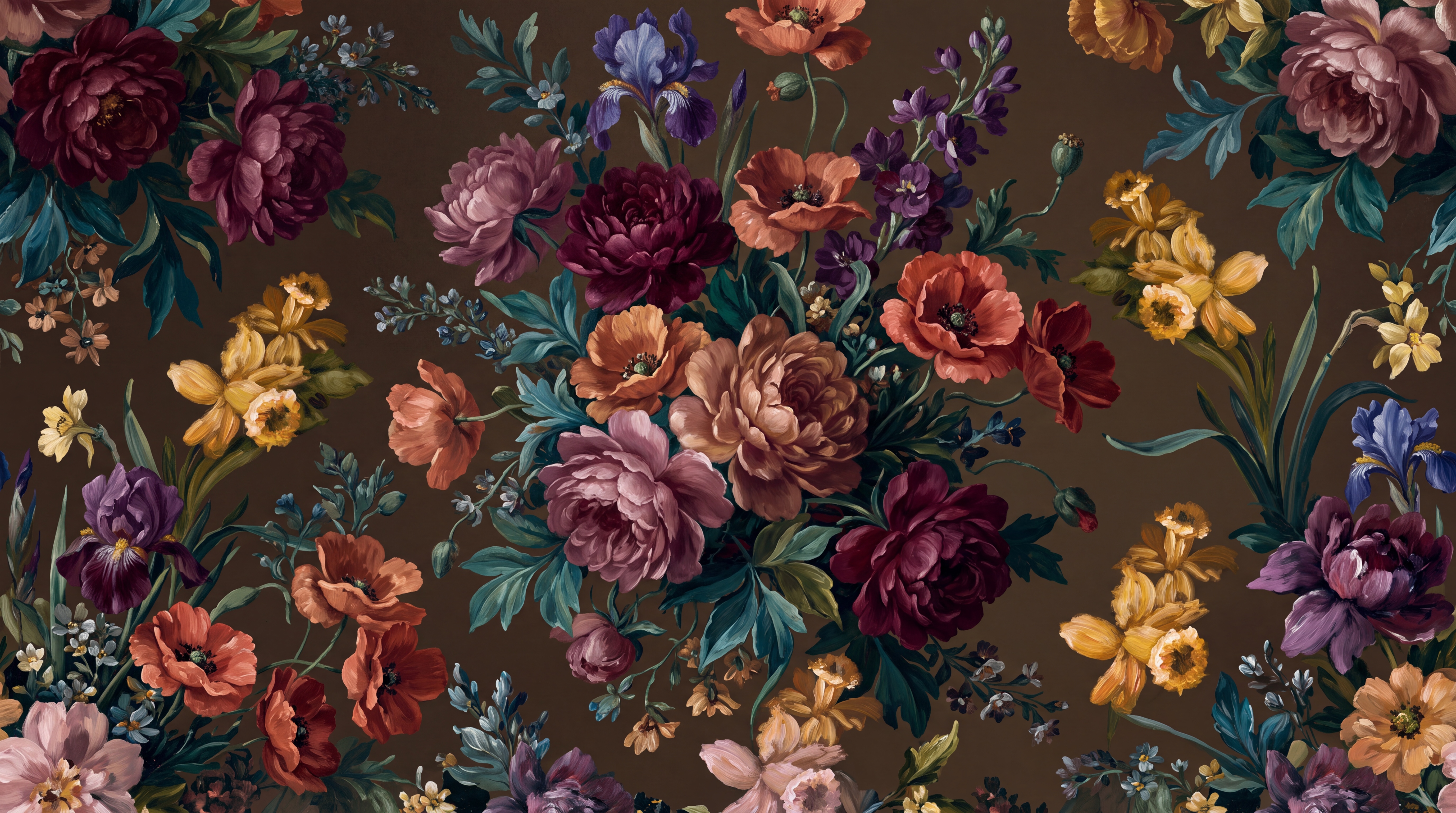 Brown Floral Botanical Wallpaper Mural Home-office-wallpaper-murals, Peel-and-stick Finish