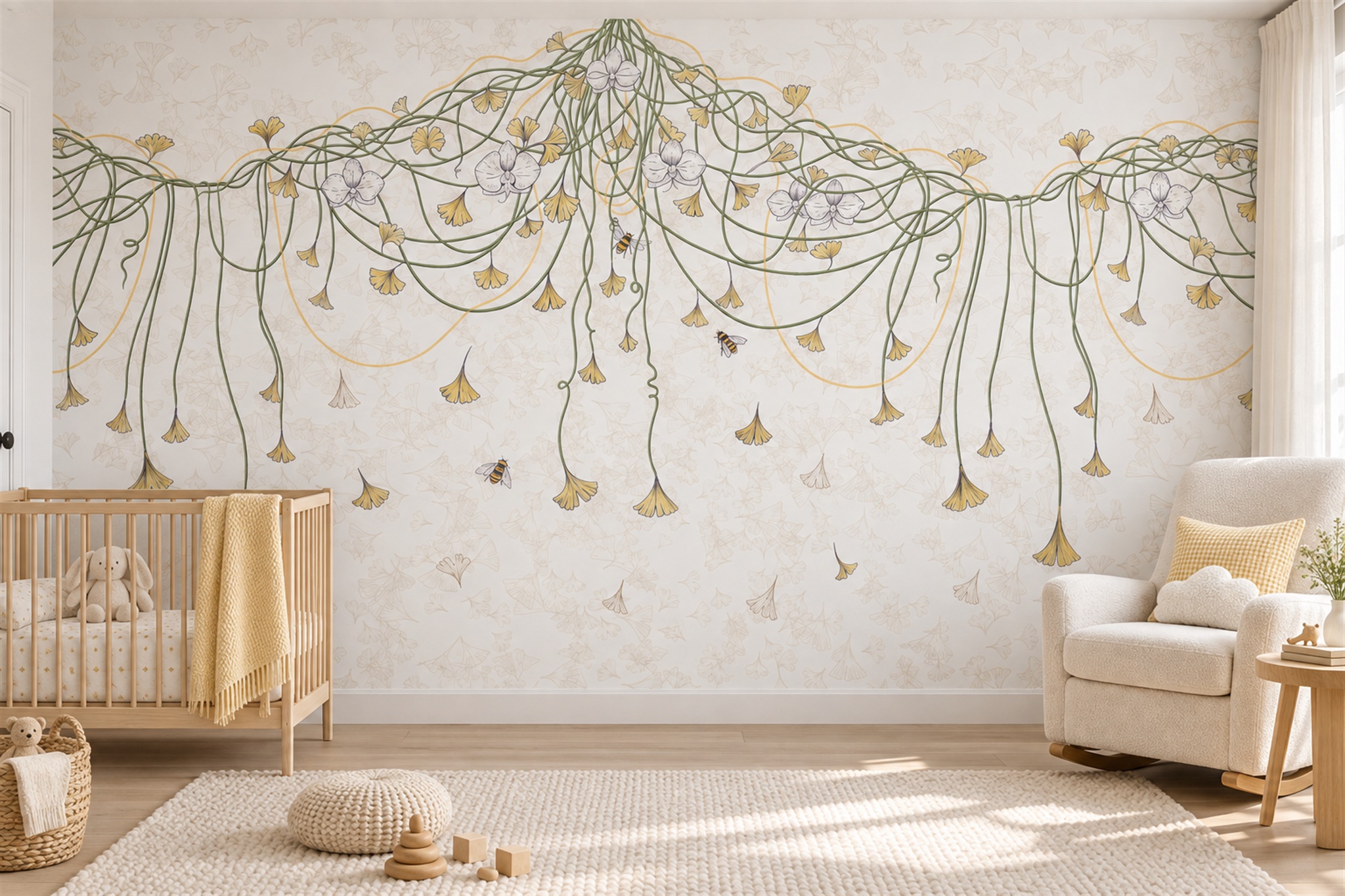Ivory Vine Botanical Abstract Wallpaper Mural Nursery-wallpaper-murals, Peel-and-stick Finish