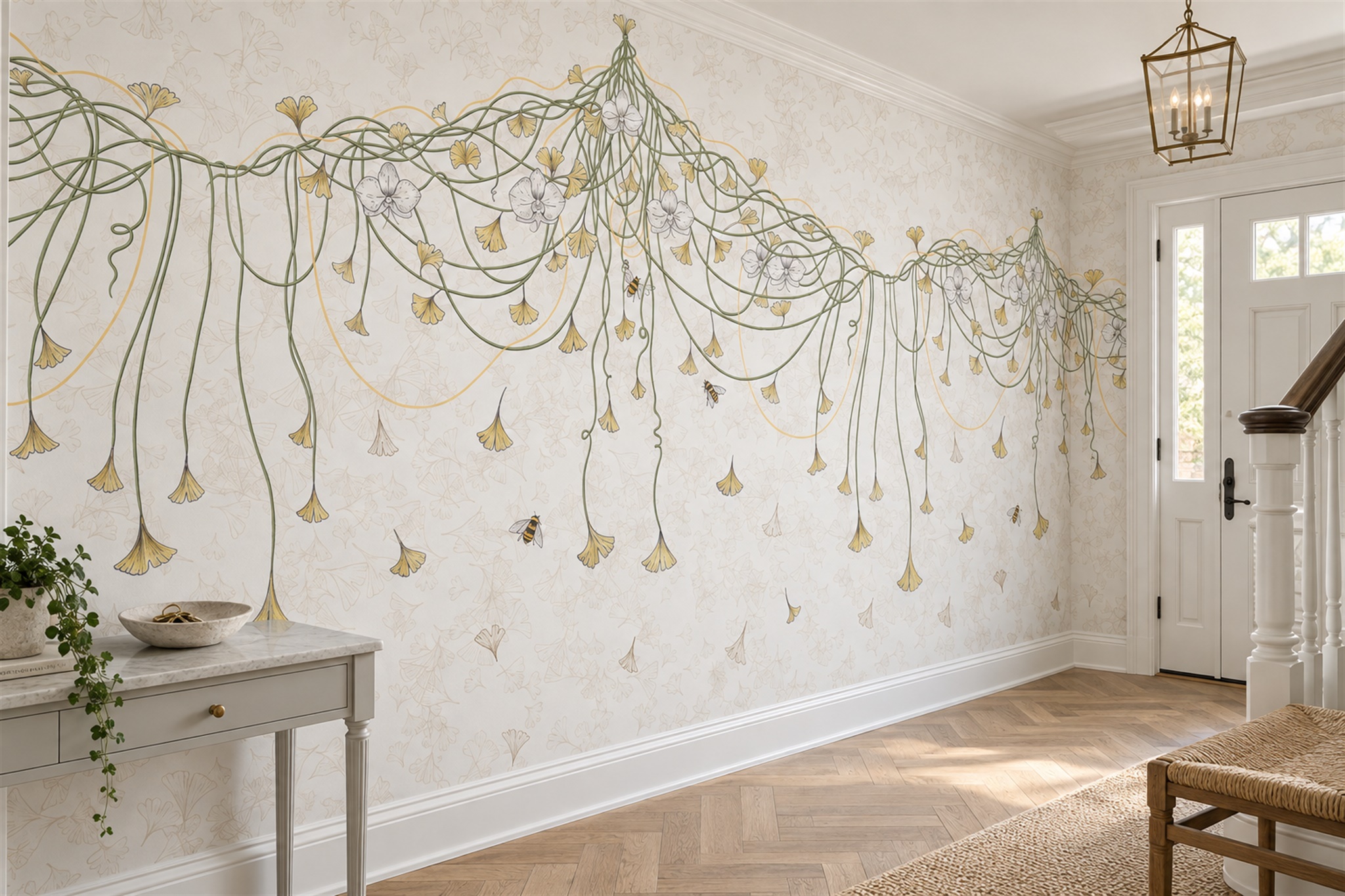 Ivory Vine Botanical Abstract Wallpaper Mural Dining-room-wallpaper-murals, Peel-and-stick Finish