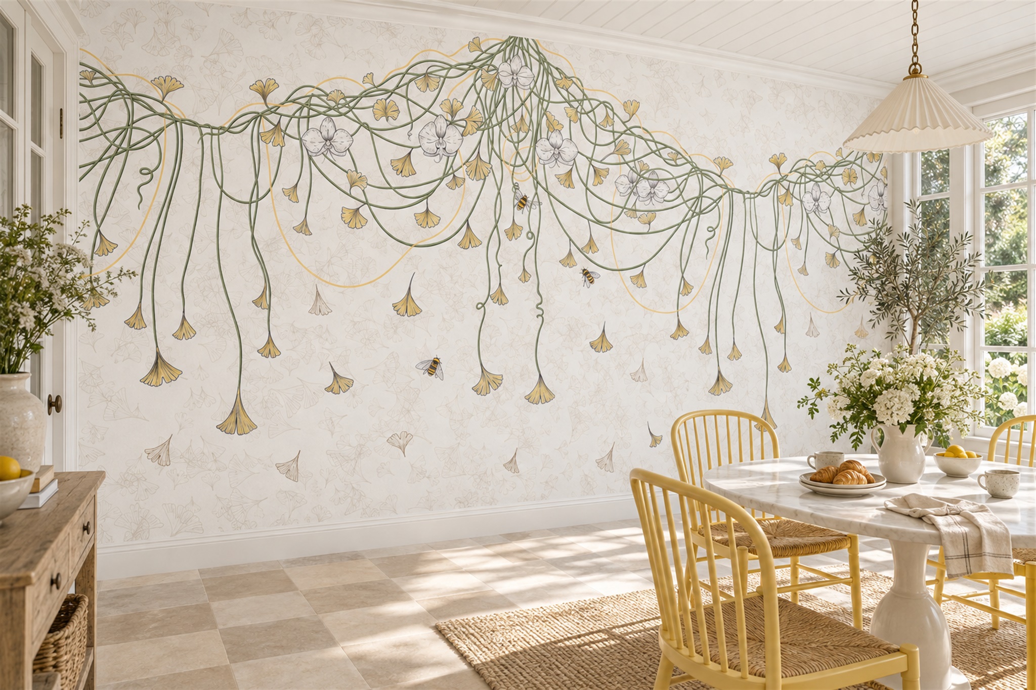 Trailing Ginkgo Leaves And White Orchids Wallpaper Mural — Wallpaper Mural Design, Peel-and-stick Finish