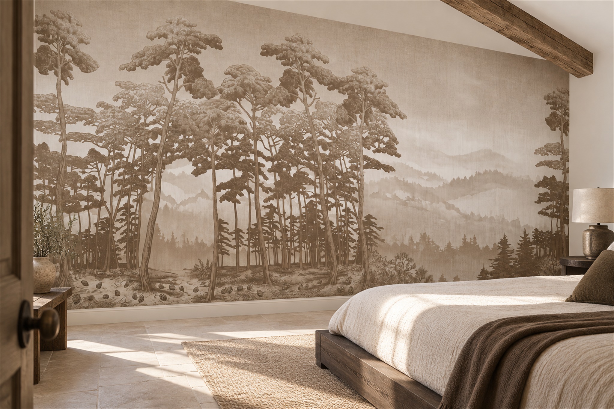 Taupe Misty Artful Wallpaper Mural Bedroom-wallpaper-murals, Peel-and-stick Finish