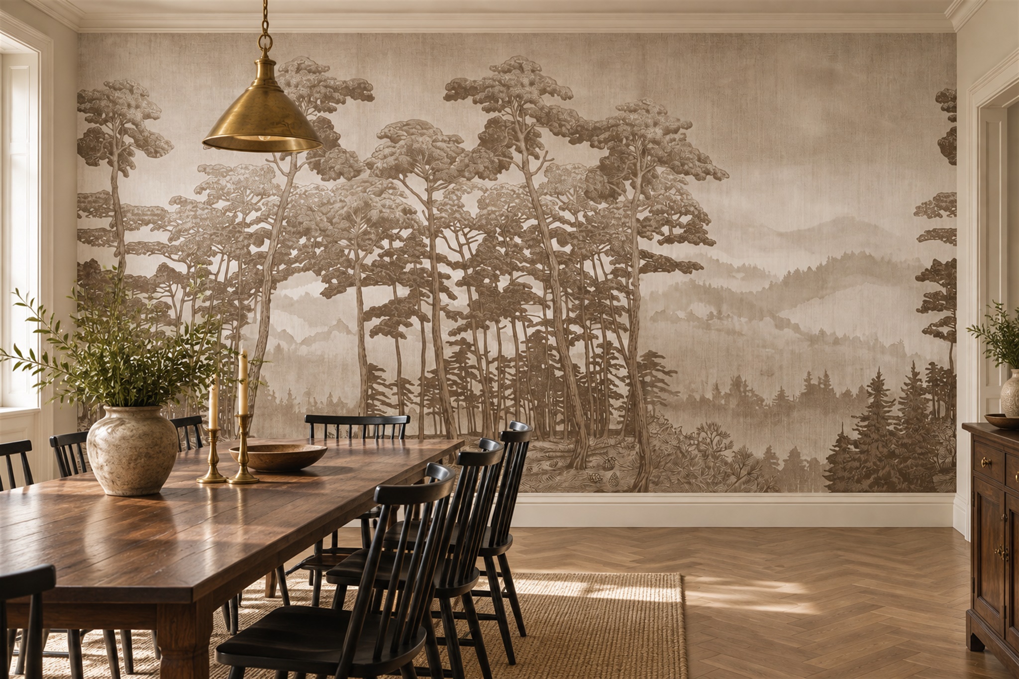 Sepia Pine Forest And Misty Hills Wallpaper Mural — Wallpaper Mural Design, Peel-and-stick Finish