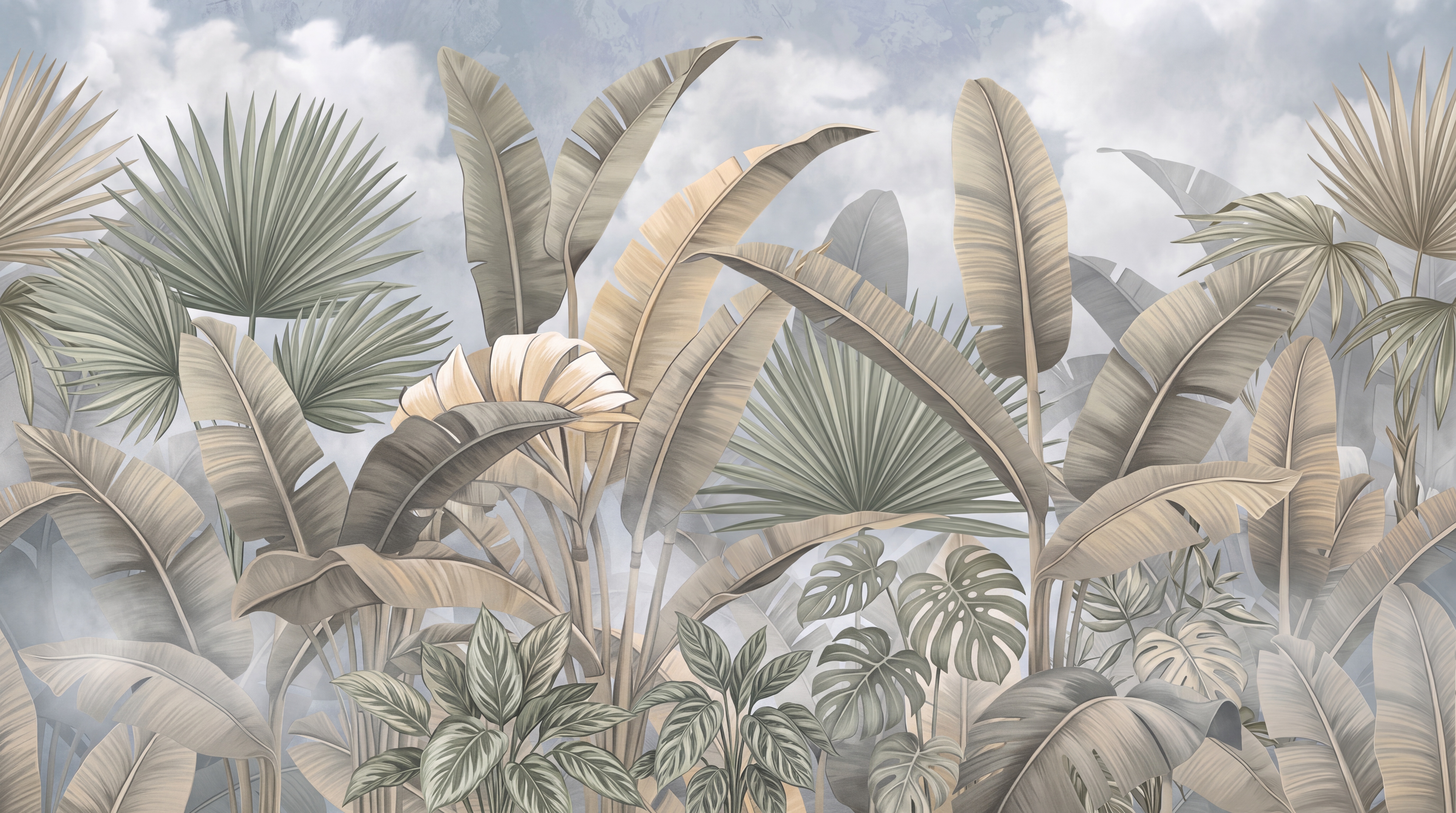 Beige Leaf Botanical Layered Wallpaper Mural, Peel-and-stick Finish