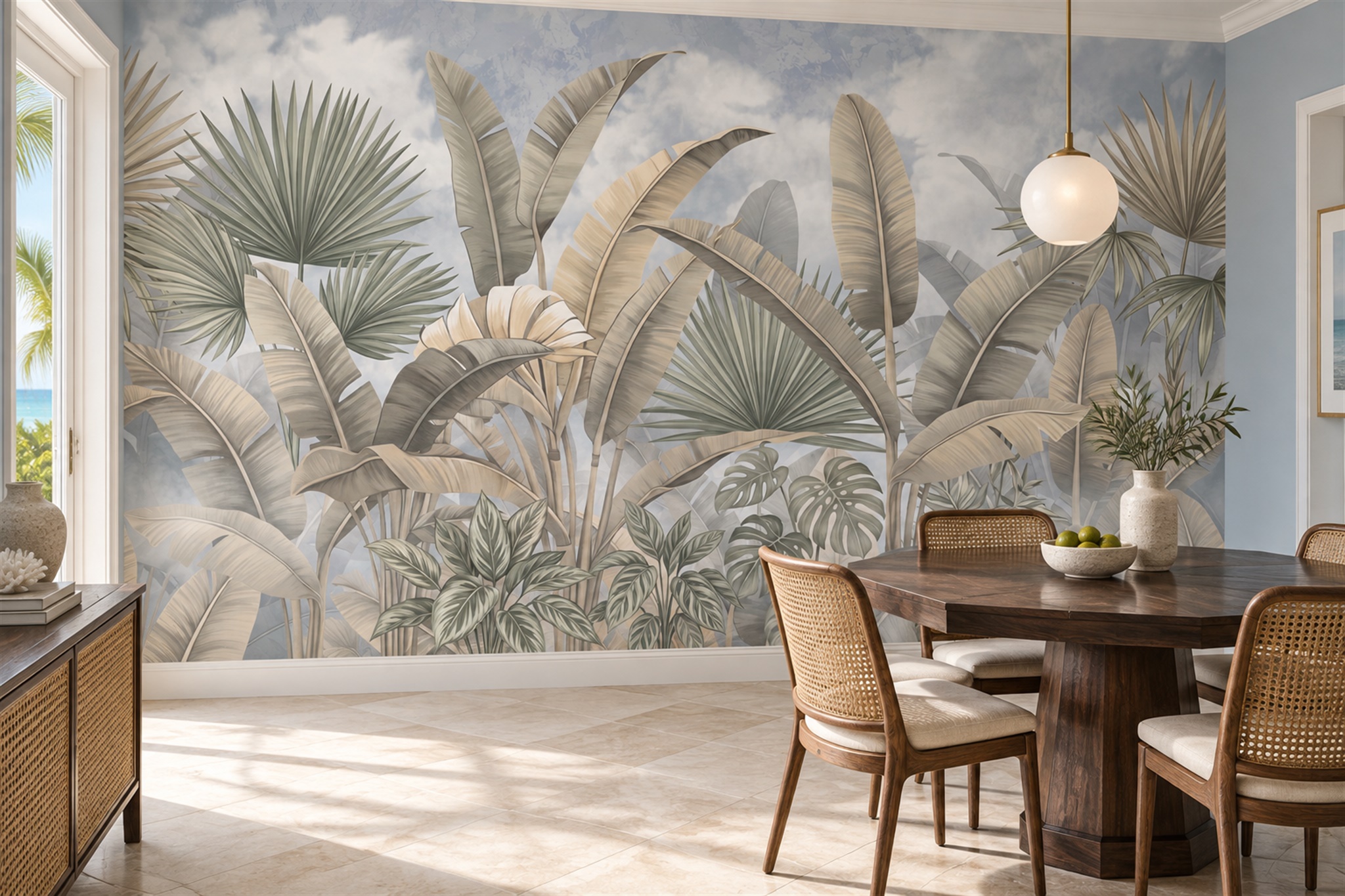 Beige Leaf Botanical Layered Wallpaper Mural Dining-room-wallpaper-murals, Shown In A Dining Room, Peel-and-stick Finish